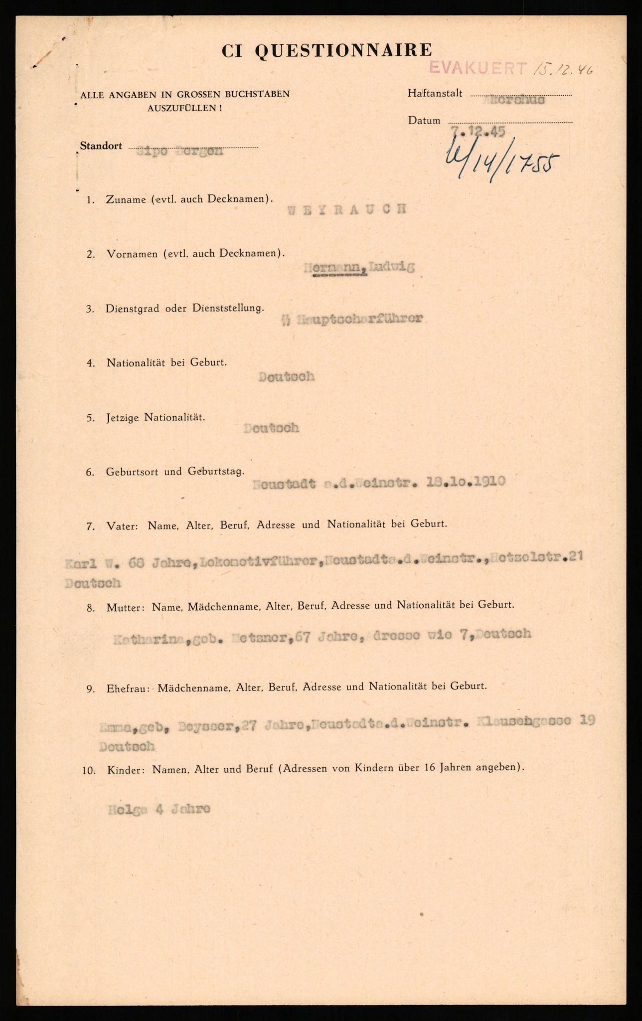 Forsvaret, Forsvarets overkommando II, AV/RA-RAFA-3915/D/Db/L0035: CI Questionaires. Tyske okkupasjonsstyrker i Norge. Tyskere., 1945-1946, p. 482