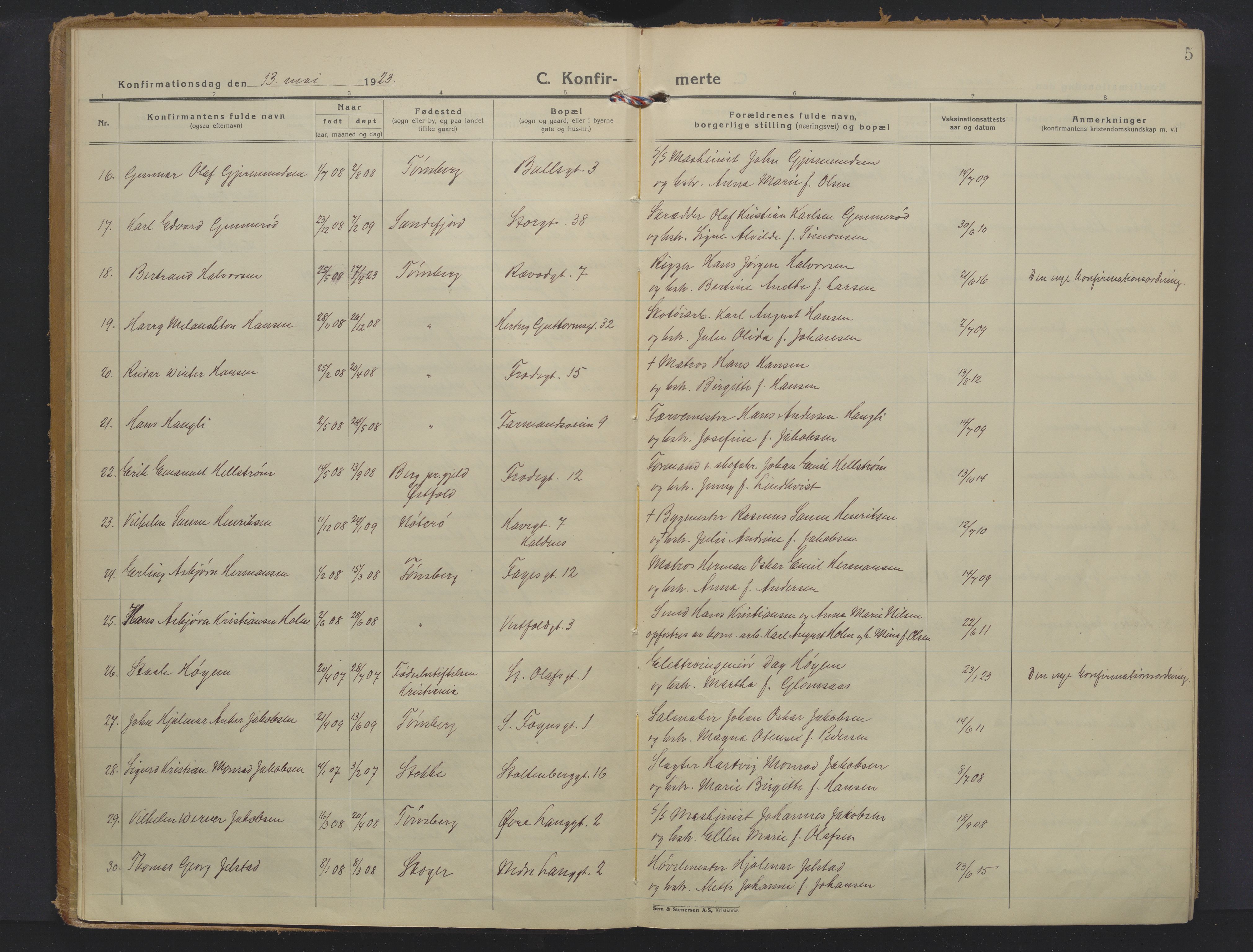 Tønsberg kirkebøker, AV/SAKO-A-330/F/Fa/L0020: Parish register (official) no. I 20, 1923-1932, p. 5