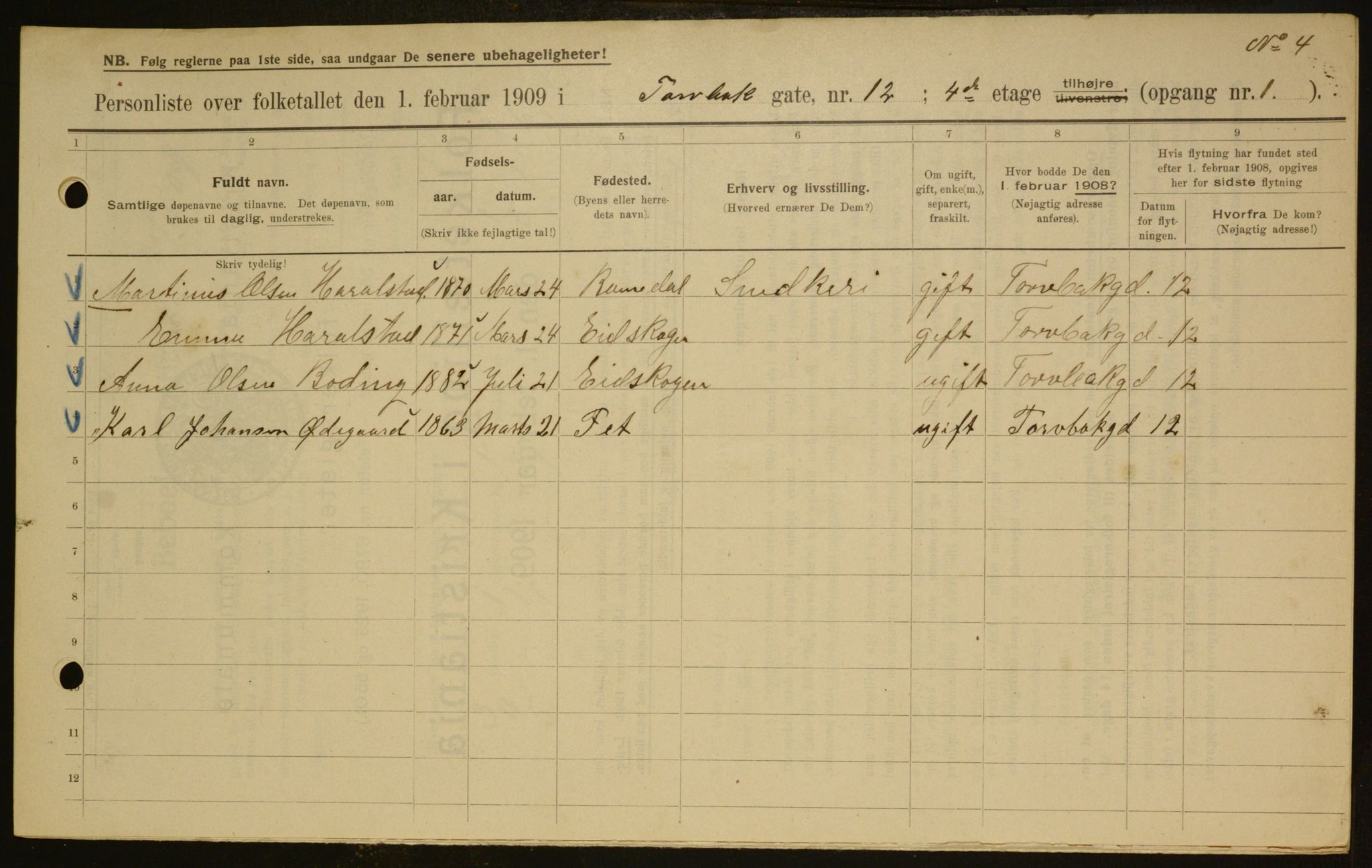 OBA, Municipal Census 1909 for Kristiania, 1909, p. 104474