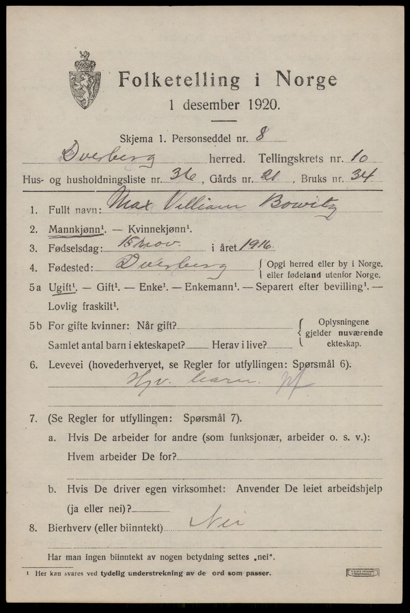 SAT, 1920 census for Dverberg, 1920, p. 8770