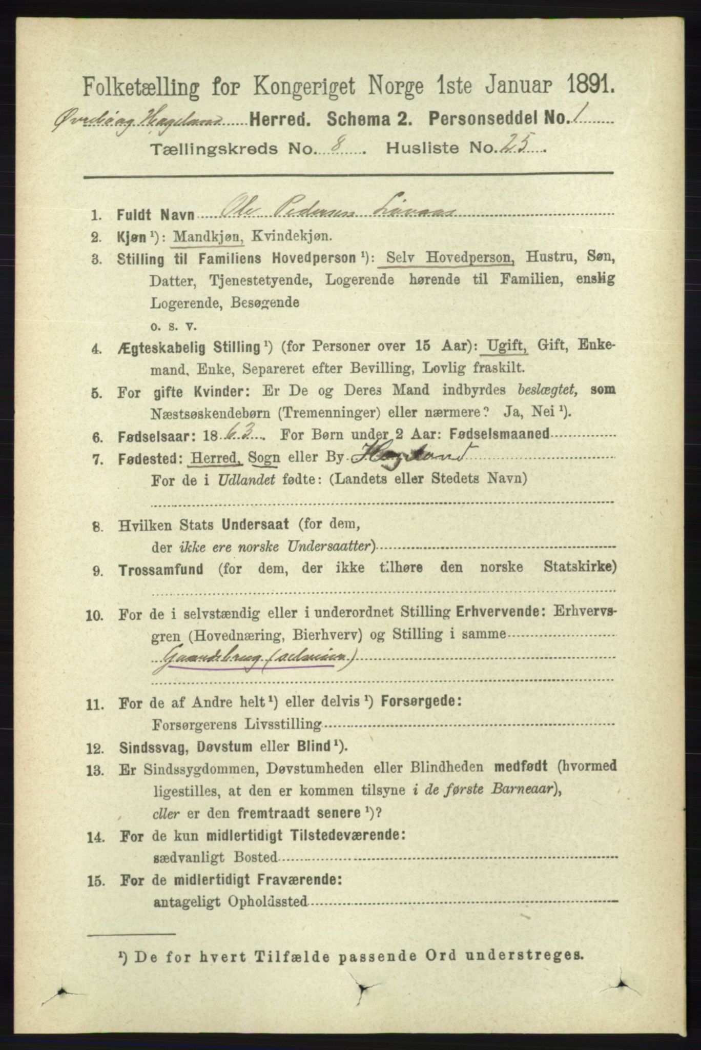 RA, 1891 census for 1016 Øvrebø og Hægeland, 1891, p. 1611