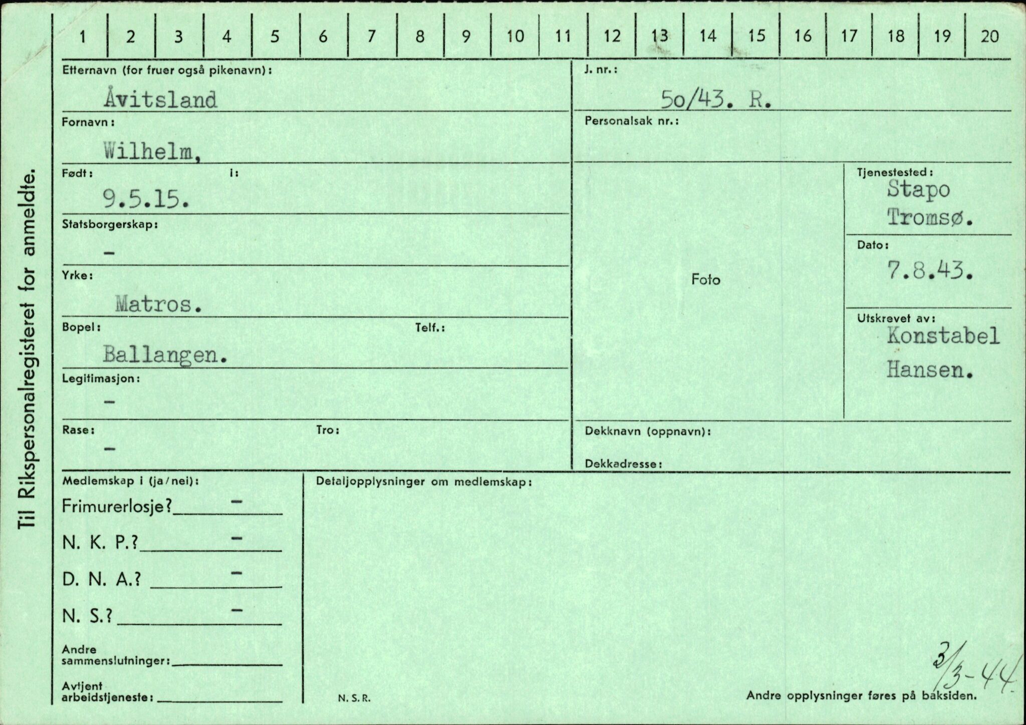 Statspolitiet - Hovedkontoret / Osloavdelingen, AV/RA-S-1329/C/Ca/L0001: Aabakken - Armann, 1943-1945, p. 945