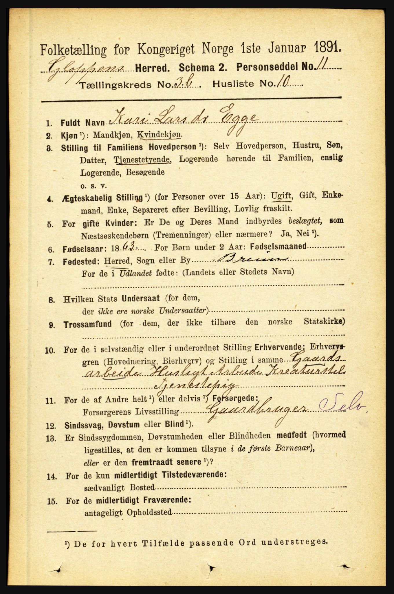 RA, 1891 census for 1445 Gloppen, 1891, p. 1521