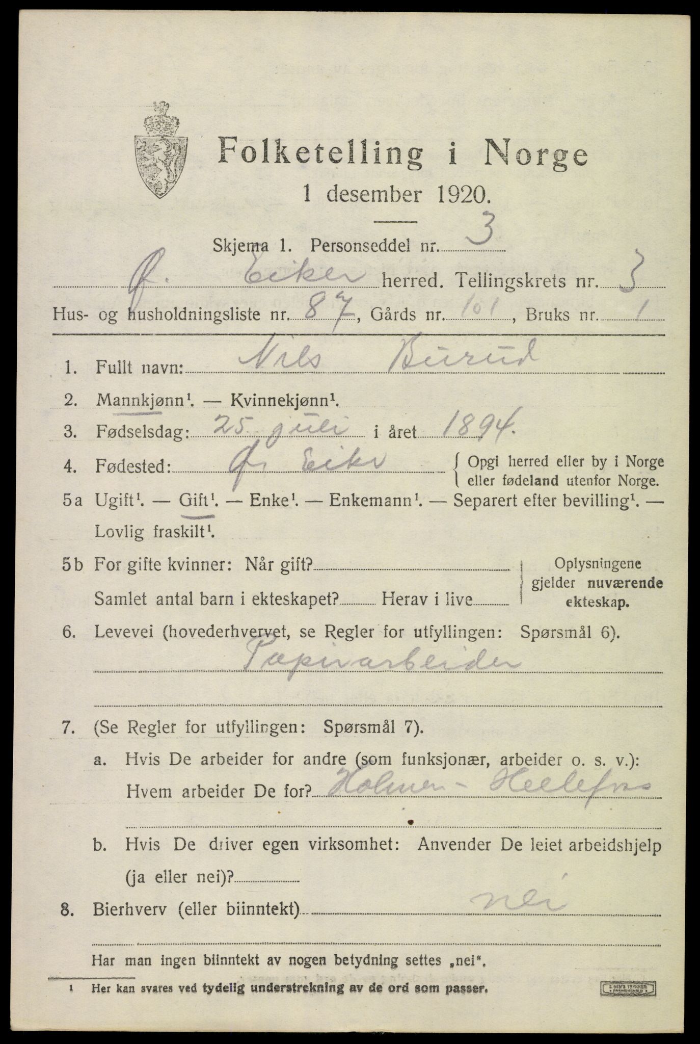 SAKO, 1920 census for Øvre Eiker, 1920, p. 9072