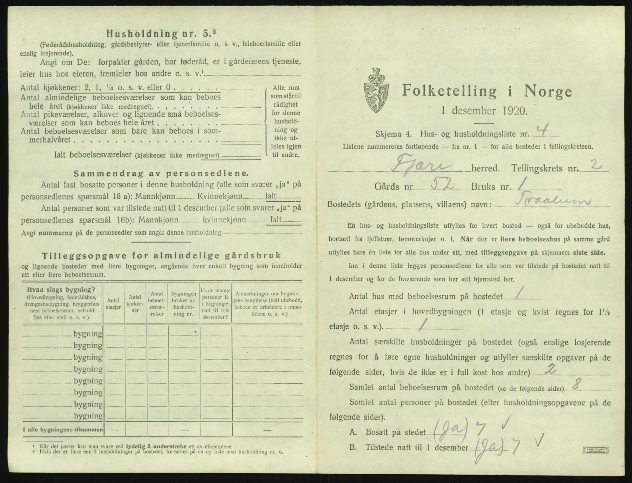 SAK, 1920 census for Fjære, 1920, p. 293