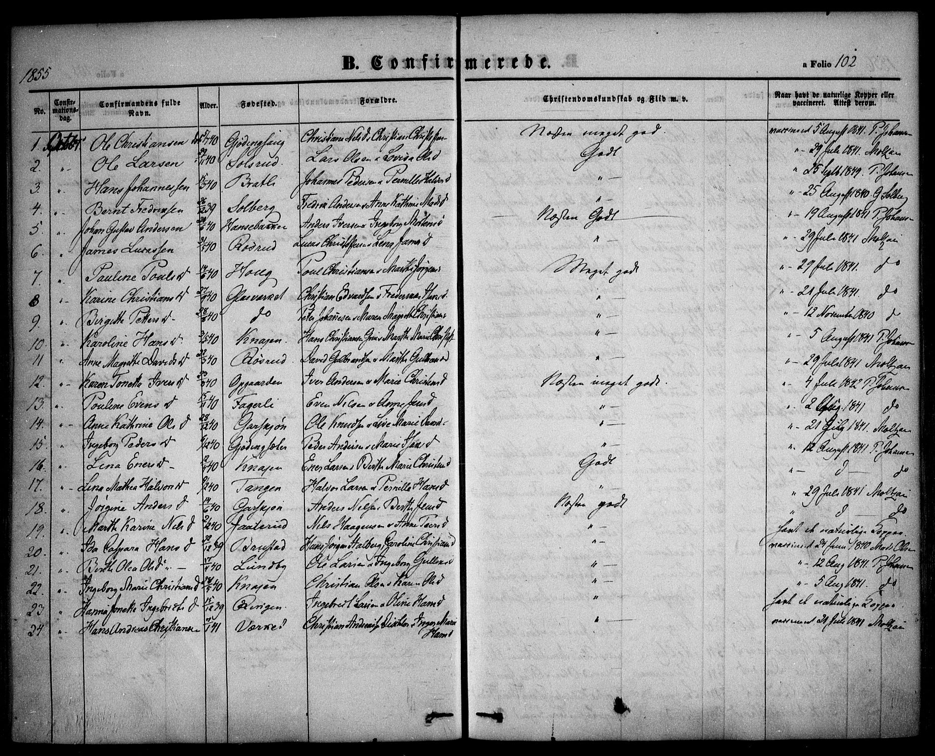 Hurdal prestekontor Kirkebøker, AV/SAO-A-10889/F/Fa/L0005: Parish register (official) no. I 5, 1846-1859, p. 102