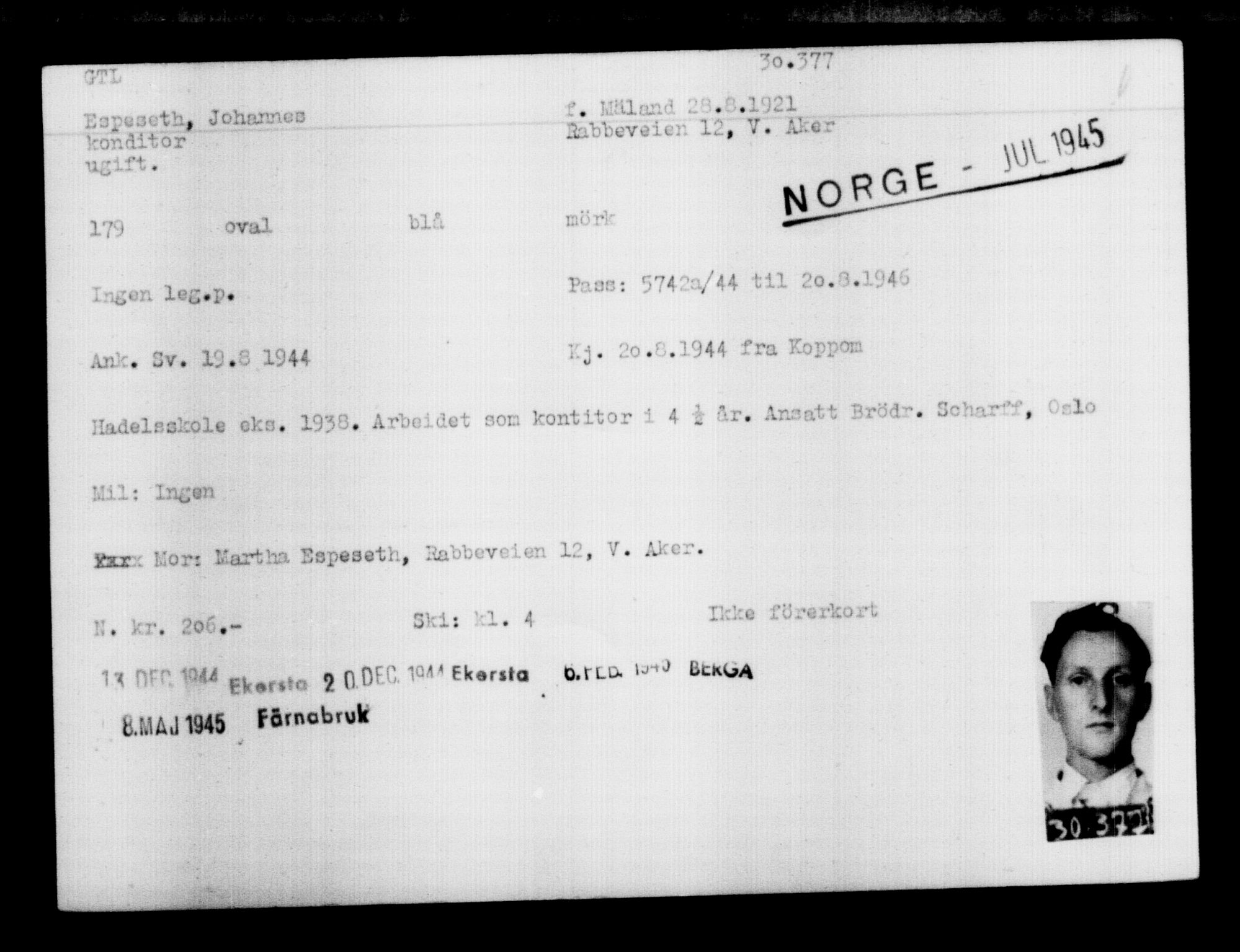 Den Kgl. Norske Legasjons Flyktningskontor, RA/S-6753/V/Va/L0012: Kjesäterkartoteket.  Flyktningenr. 28300-31566, 1940-1945, p. 2274