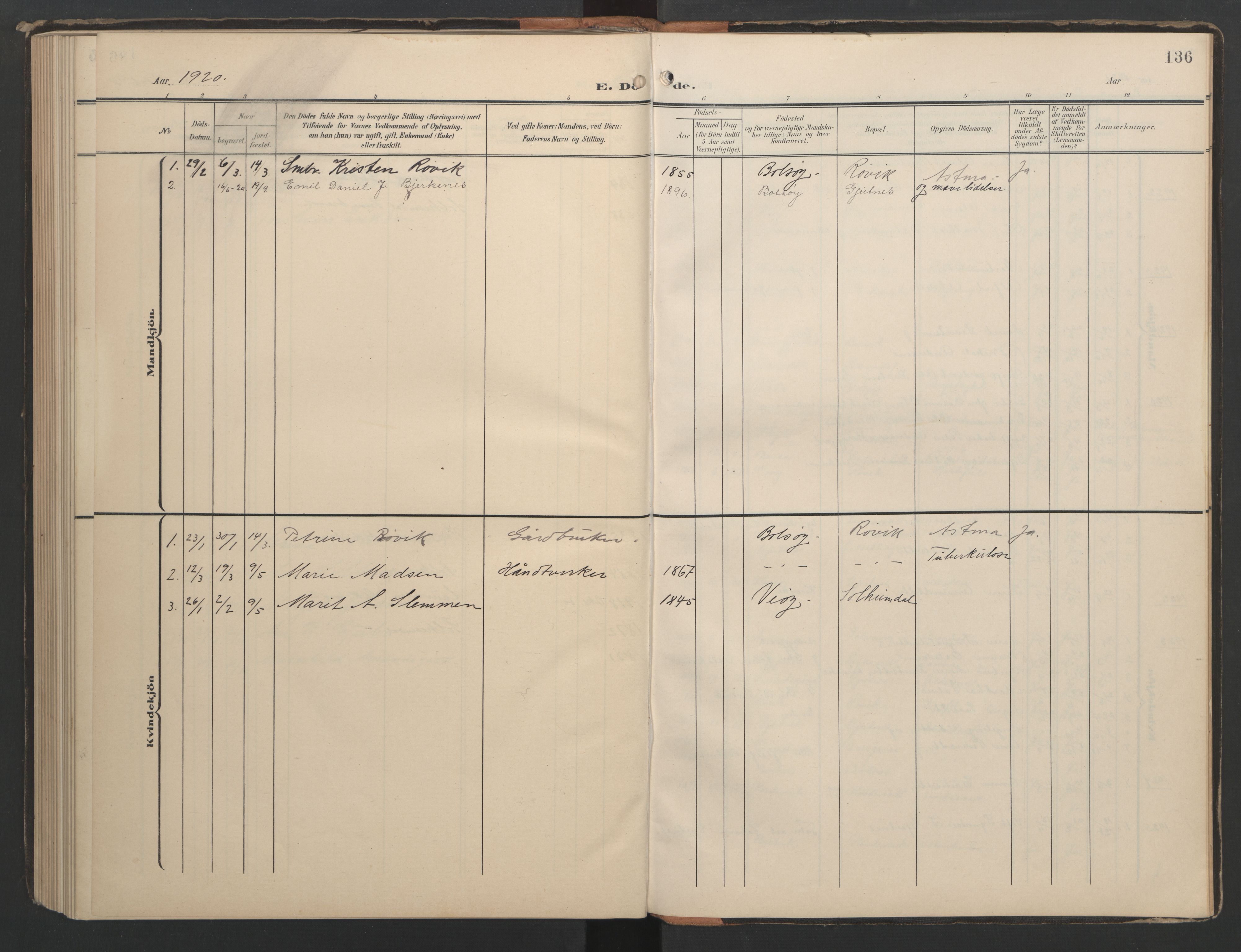 Ministerialprotokoller, klokkerbøker og fødselsregistre - Møre og Romsdal, AV/SAT-A-1454/556/L0677: Parish register (copy) no. 556C01, 1907-1953, p. 136