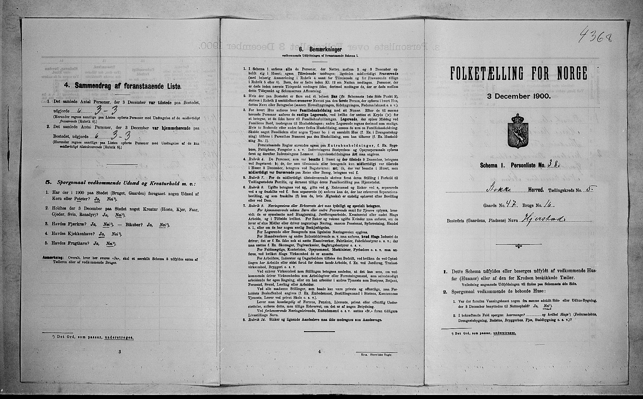 RA, 1900 census for Stokke, 1900, p. 1052