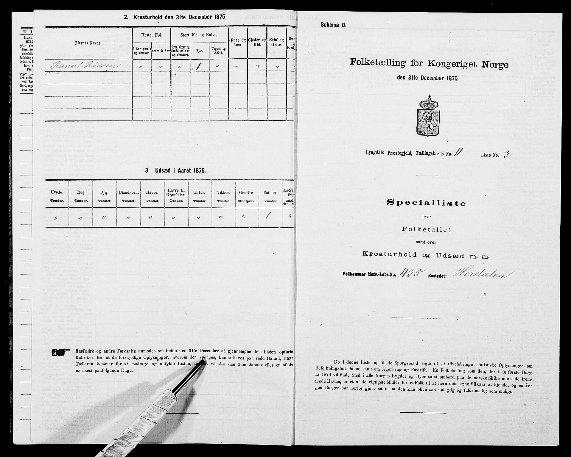 SAK, 1875 census for 1032P Lyngdal, 1875, p. 1707