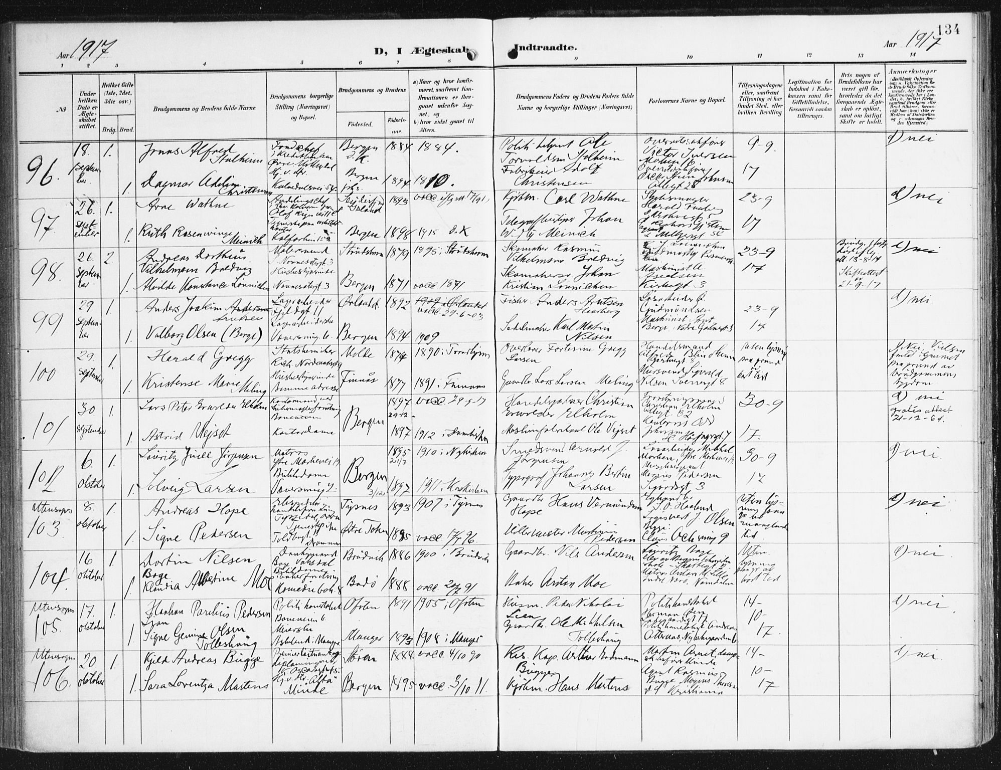 Domkirken sokneprestembete, AV/SAB-A-74801/H/Haa/L0038: Parish register (official) no. D 5, 1906-1921, p. 134