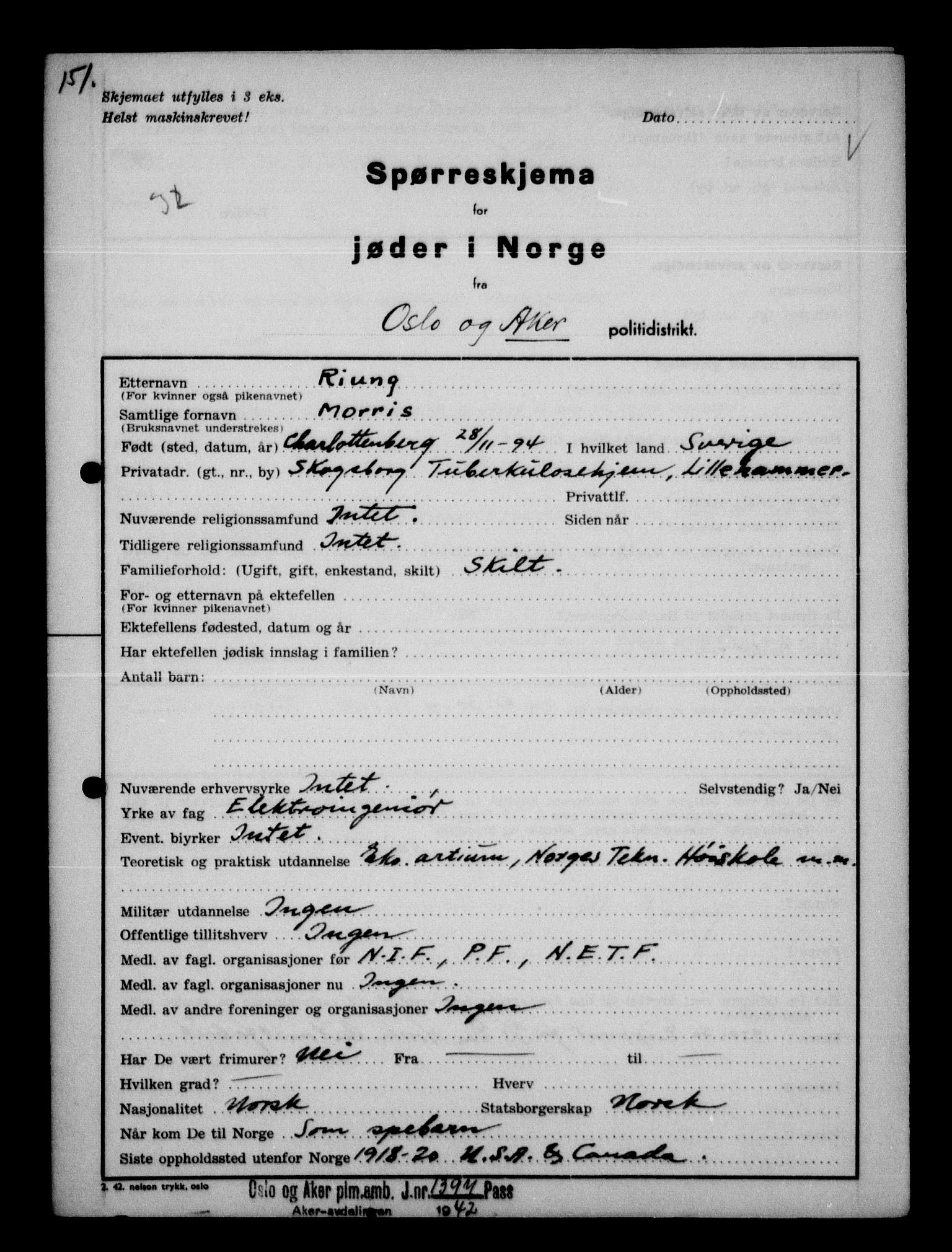 Statspolitiet - Hovedkontoret / Osloavdelingen, AV/RA-S-1329/G/Ga/L0012: Spørreskjema for jøder i Norge. 1: Aker 114- 207 (Levinson-Wozak) og 656 (Salomon). 2: Arendal-Hordaland. 3: Horten-Romerike.  , 1942, p. 114