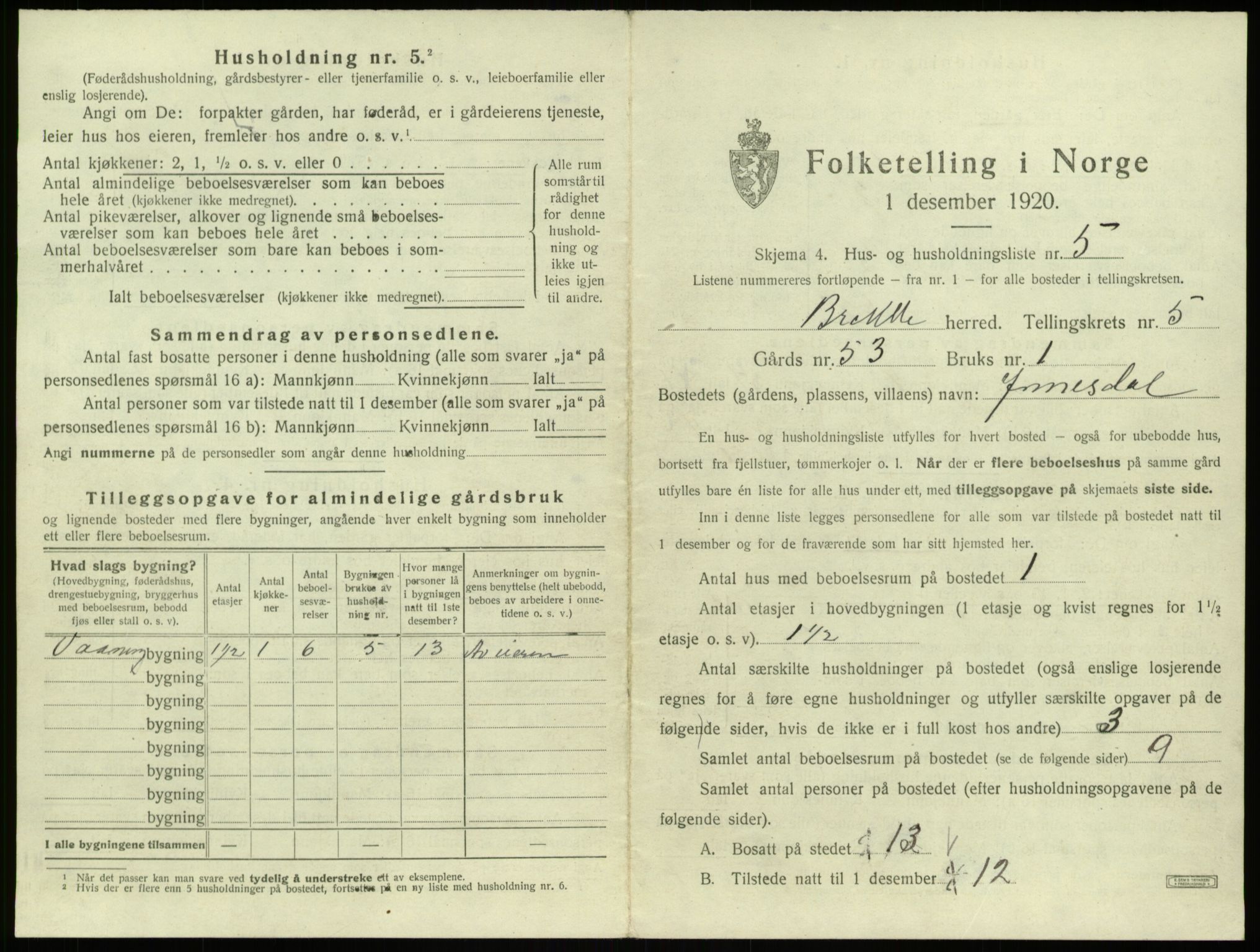 SAB, 1920 census for Brekke, 1920, p. 155