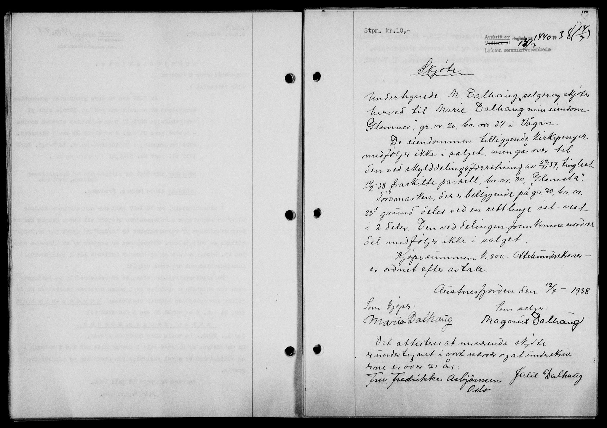 Lofoten sorenskriveri, SAT/A-0017/1/2/2C/L0004a: Mortgage book no. 4a, 1938-1938, Diary no: : 1440/1938