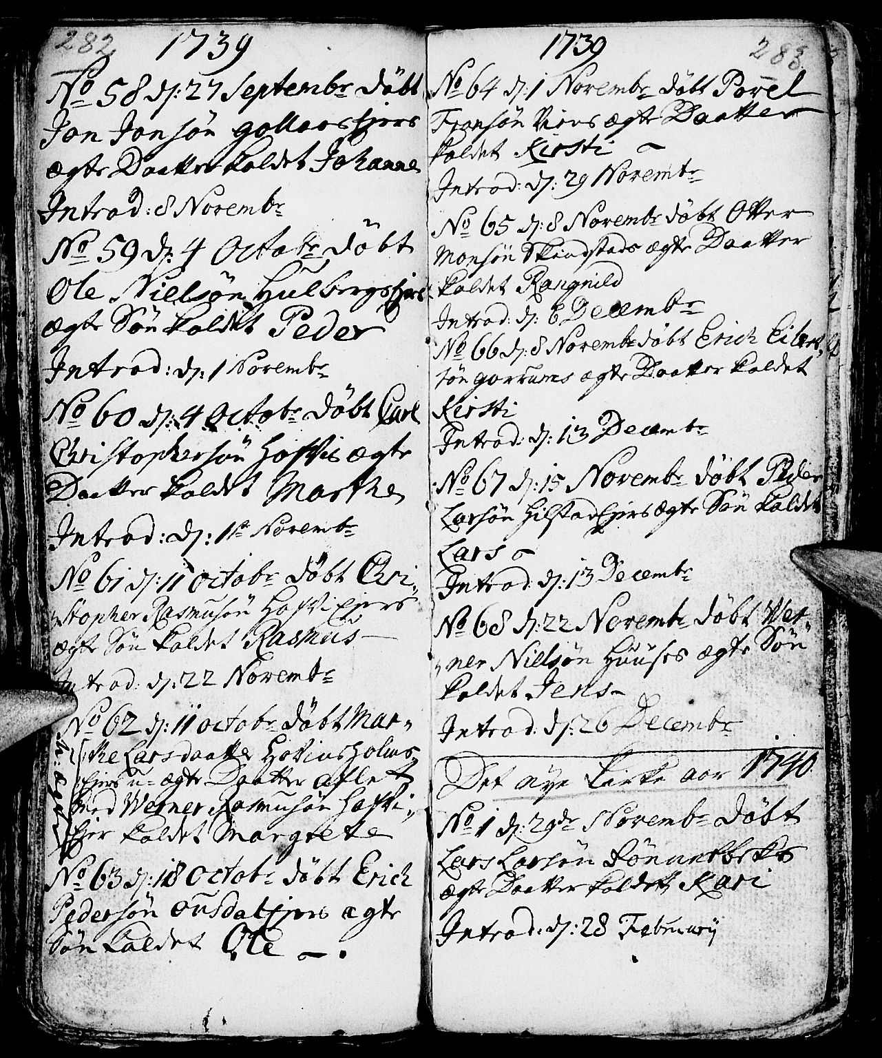 Nes prestekontor, Hedmark, AV/SAH-PREST-020/L/La/L0001: Parish register (copy) no. 1, 1663-1784, p. 282-283