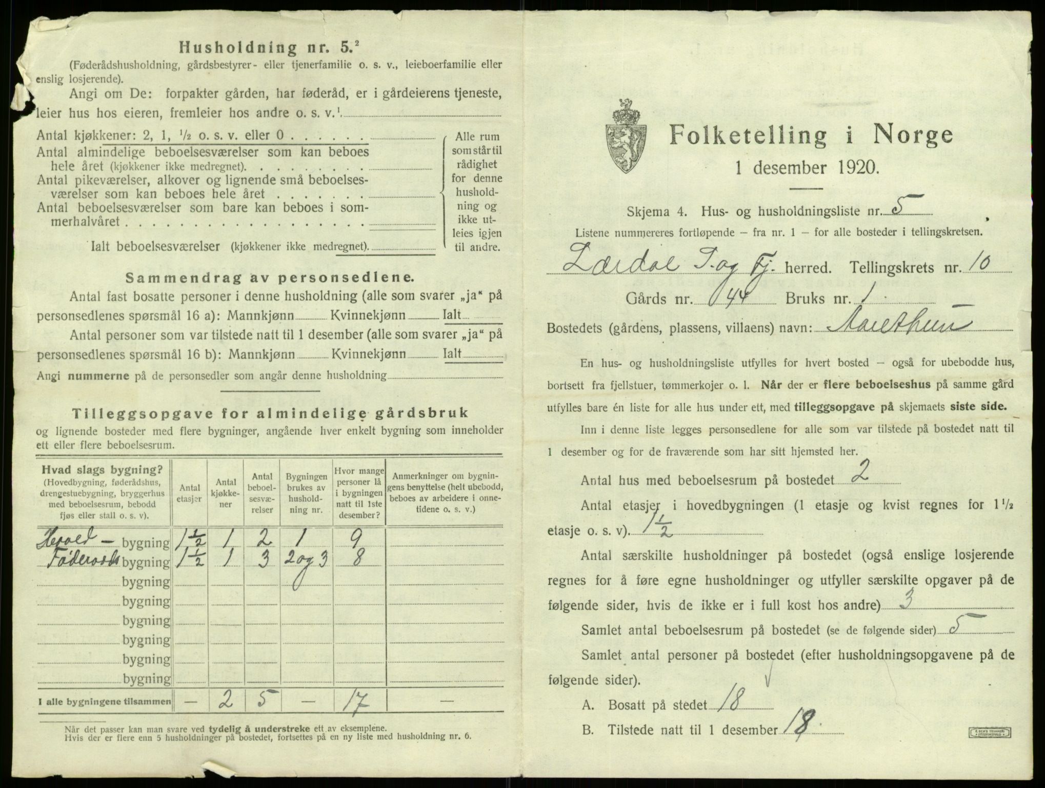 SAB, 1920 census for Lærdal, 1920, p. 796