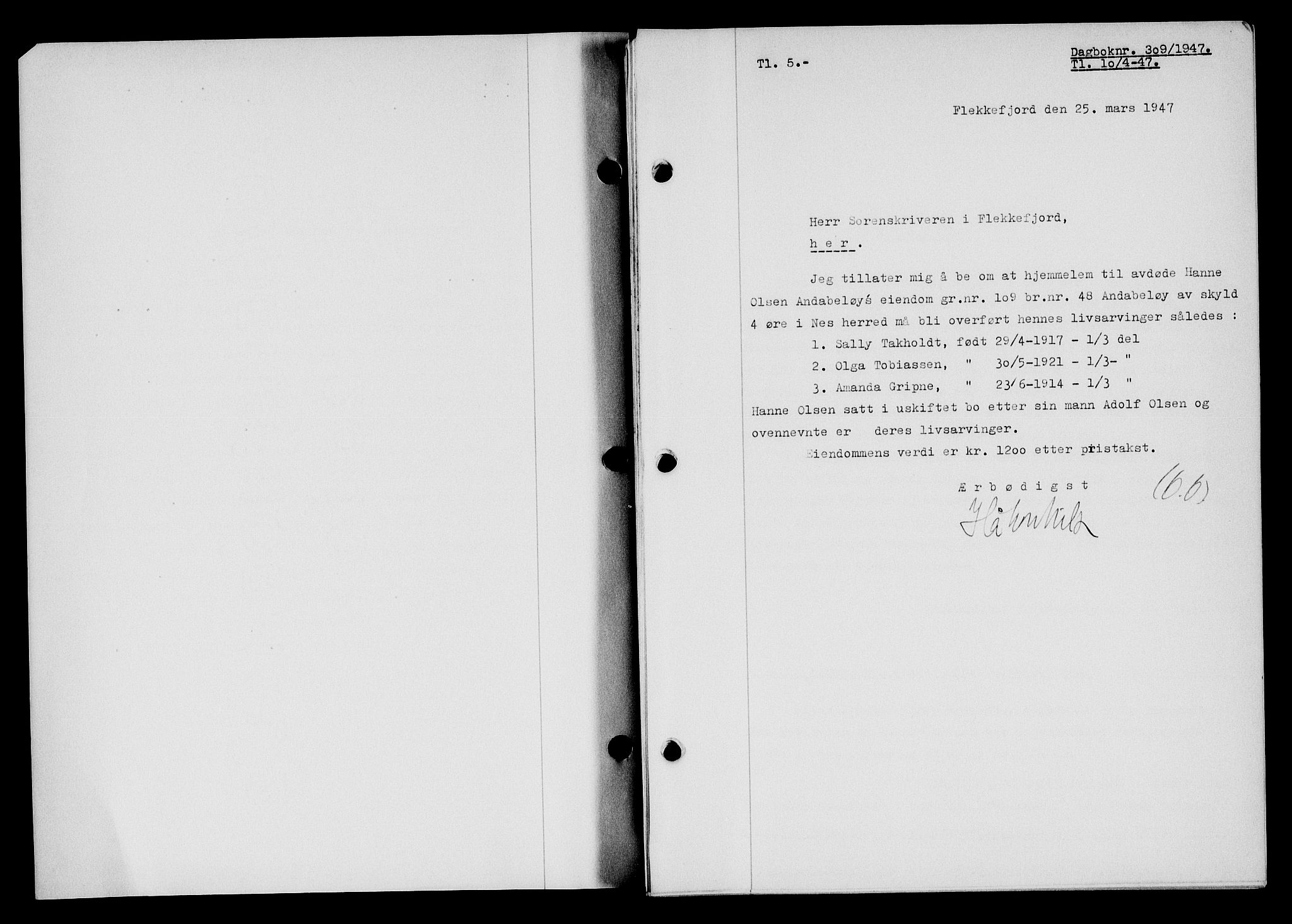 Flekkefjord sorenskriveri, SAK/1221-0001/G/Gb/Gba/L0062: Mortgage book no. A-10, 1947-1947, Diary no: : 309/1947