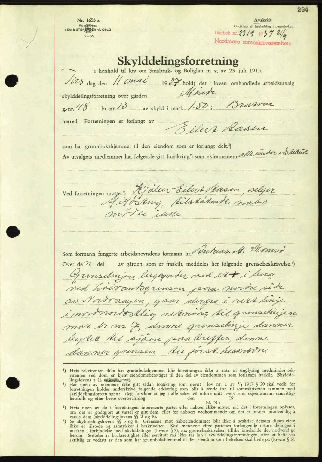 Nordmøre sorenskriveri, SAT/A-4132/1/2/2Ca: Mortgage book no. A82, 1937-1938, Diary no: : 2319/1937