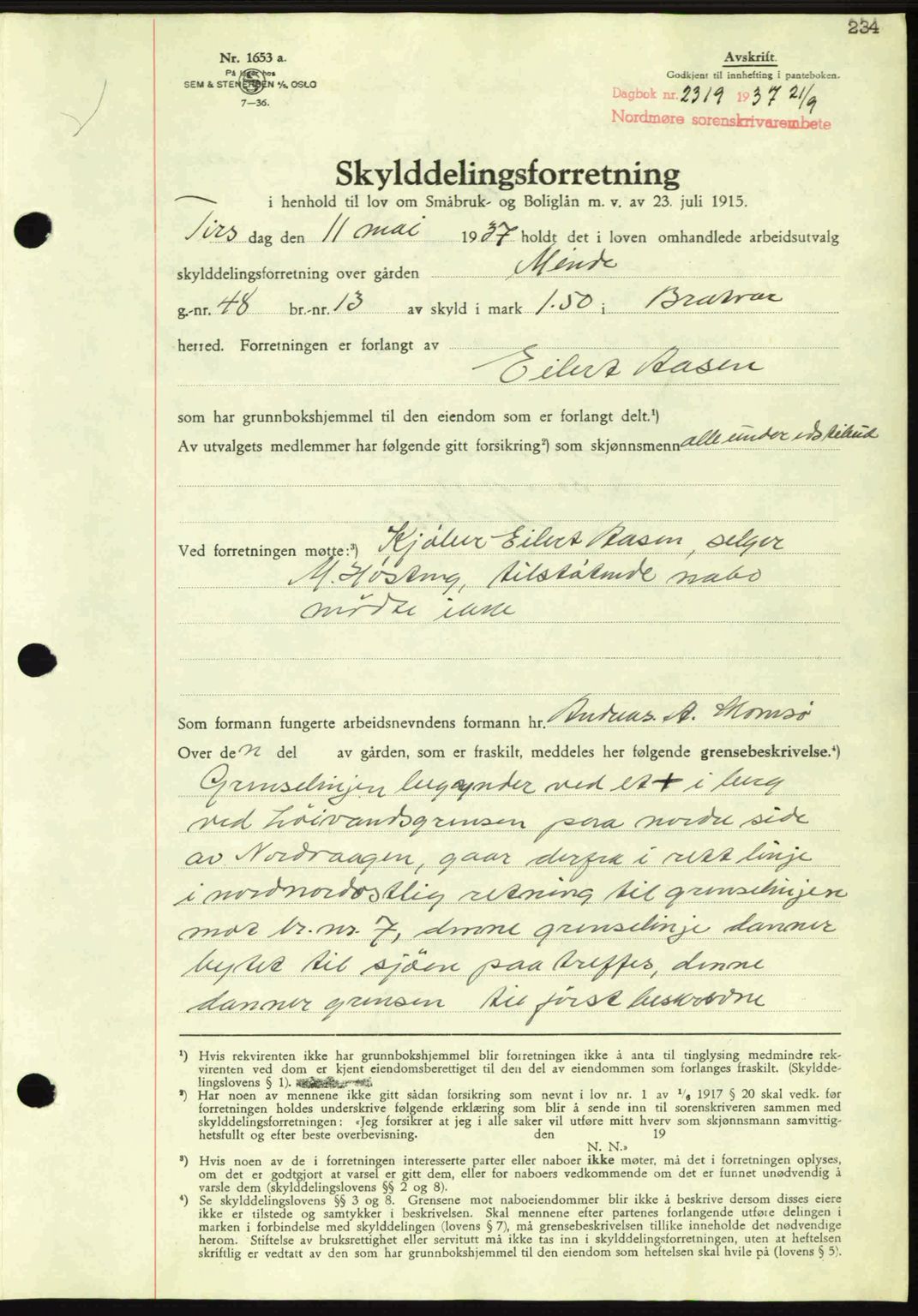 Nordmøre sorenskriveri, AV/SAT-A-4132/1/2/2Ca: Mortgage book no. A82, 1937-1938, Diary no: : 2319/1937