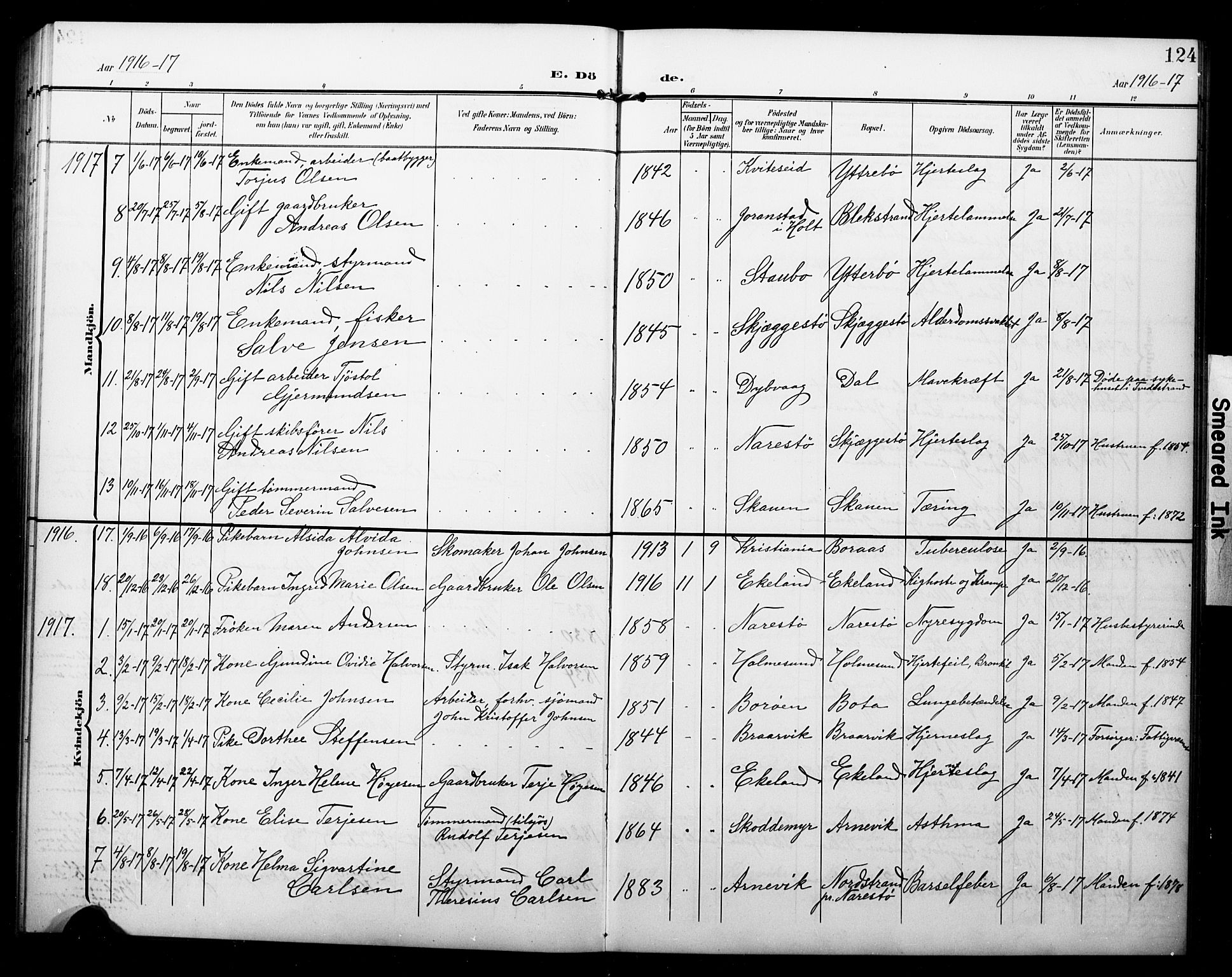 Dypvåg sokneprestkontor, SAK/1111-0007/F/Fb/Fbb/L0005: Parish register (copy) no. B 5, 1905-1924, p. 124
