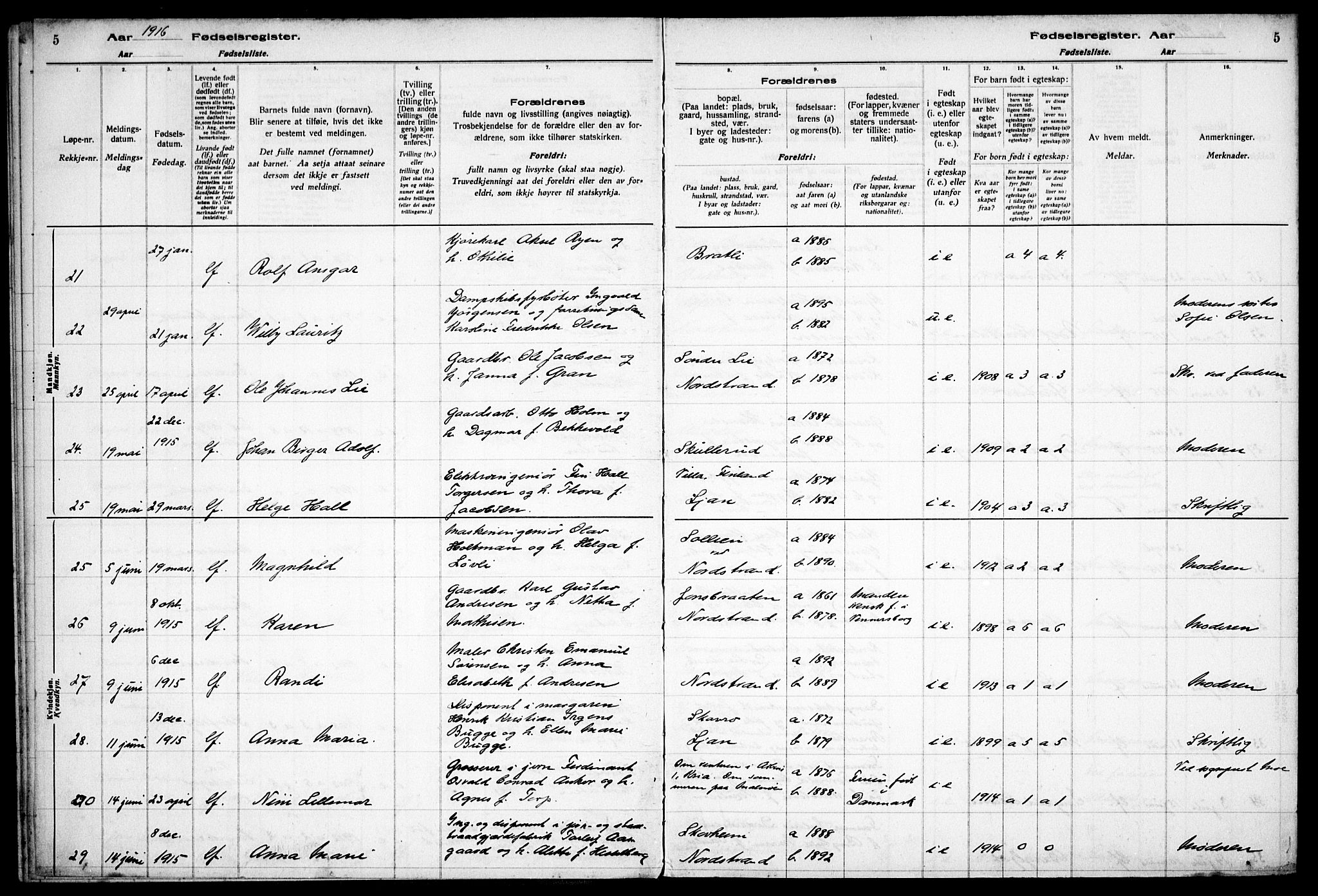 Nordstrand prestekontor Kirkebøker, AV/SAO-A-10362a/J/Ja/L0001: Birth register no. I 1, 1916-1924, p. 5