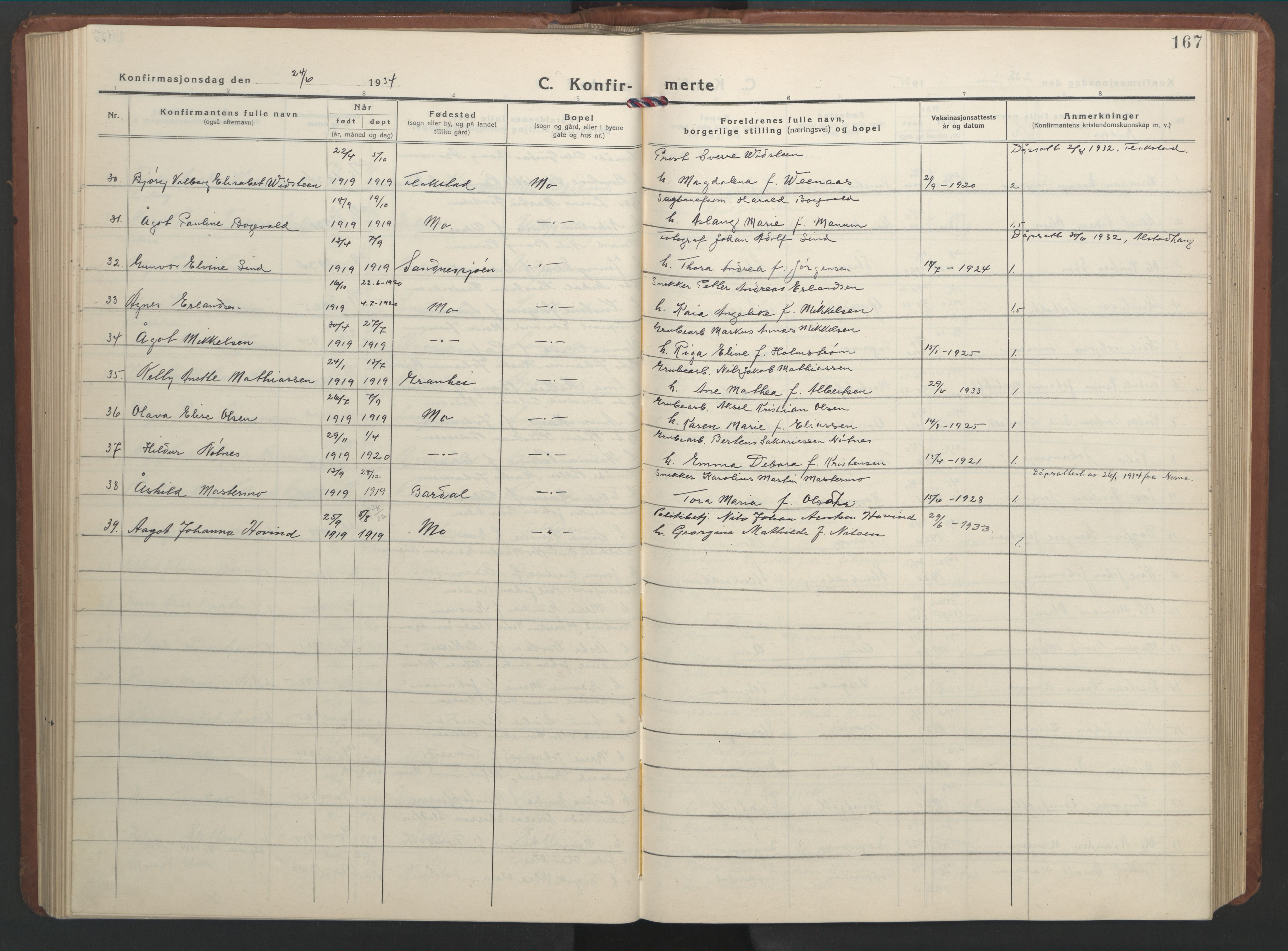 Ministerialprotokoller, klokkerbøker og fødselsregistre - Nordland, SAT/A-1459/827/L0425: Parish register (copy) no. 827C14, 1931-1946, p. 167