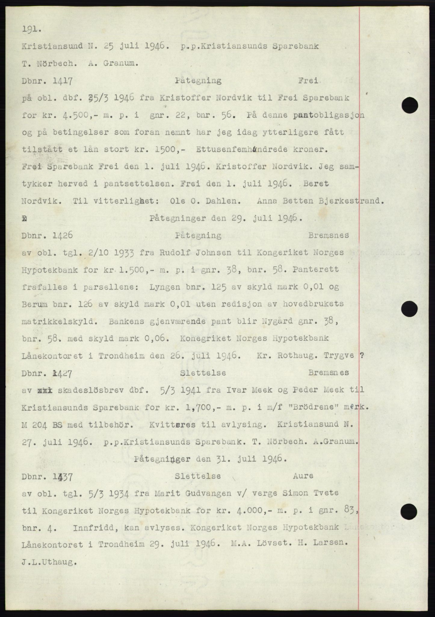 Nordmøre sorenskriveri, AV/SAT-A-4132/1/2/2Ca: Mortgage book no. C82b, 1946-1951, Diary no: : 1417/1946