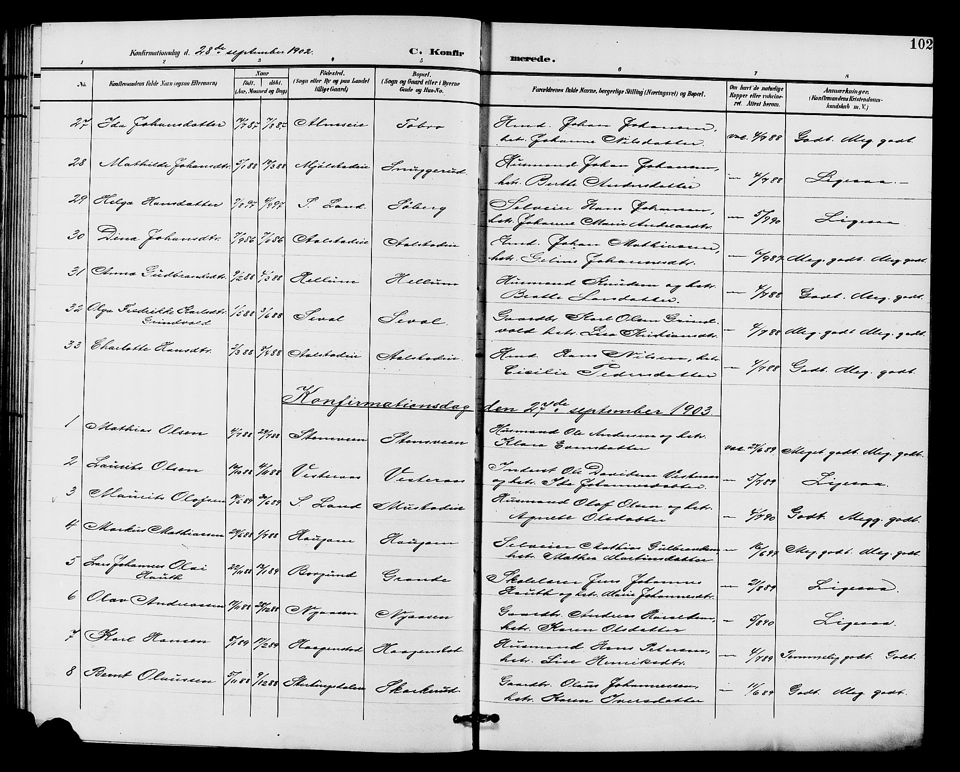 Vardal prestekontor, SAH/PREST-100/H/Ha/Hab/L0011: Parish register (copy) no. 11, 1899-1913, p. 102