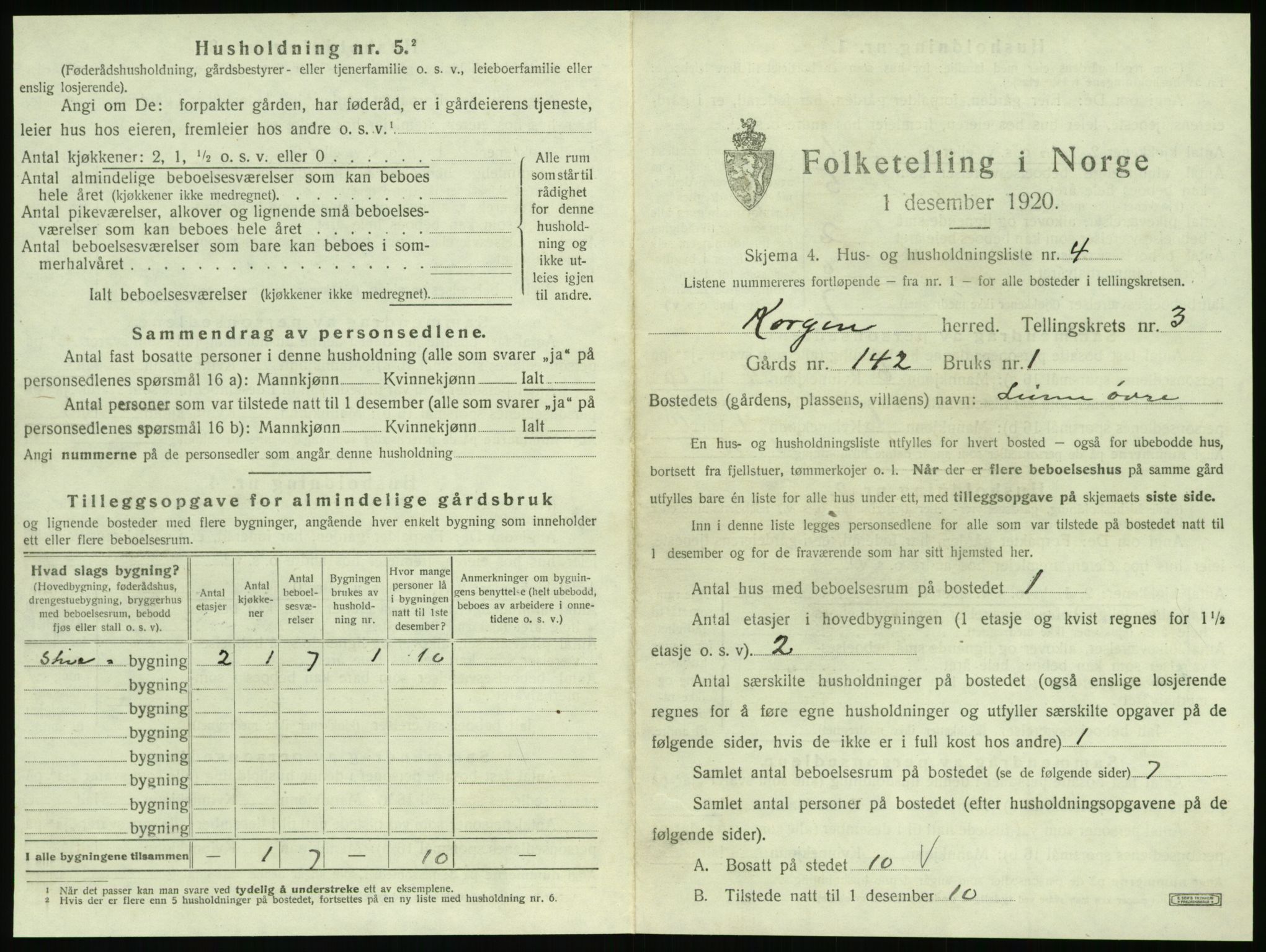 SAT, 1920 census for Korgen, 1920, p. 188