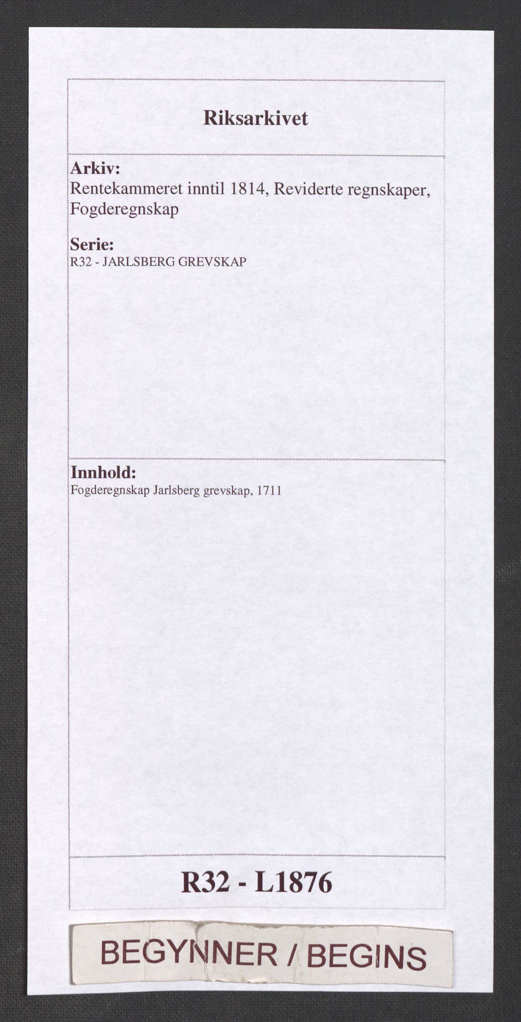Rentekammeret inntil 1814, Reviderte regnskaper, Fogderegnskap, RA/EA-4092/R32/L1876: Fogderegnskap Jarlsberg grevskap, 1711, p. 1