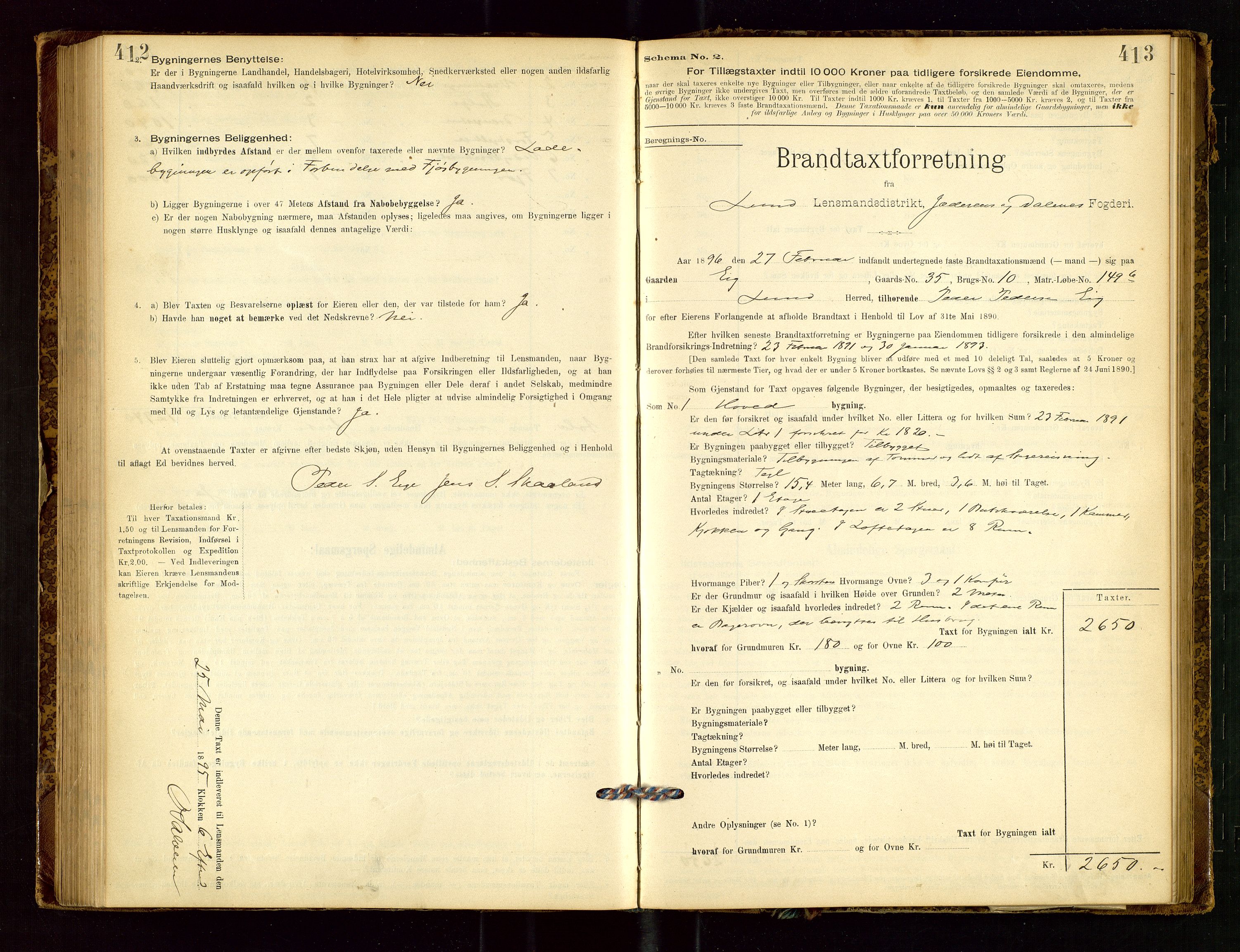 Lund lensmannskontor, SAST/A-100303/Gob/L0001: "Brandtakstprotokol", 1894-1907, p. 412-413