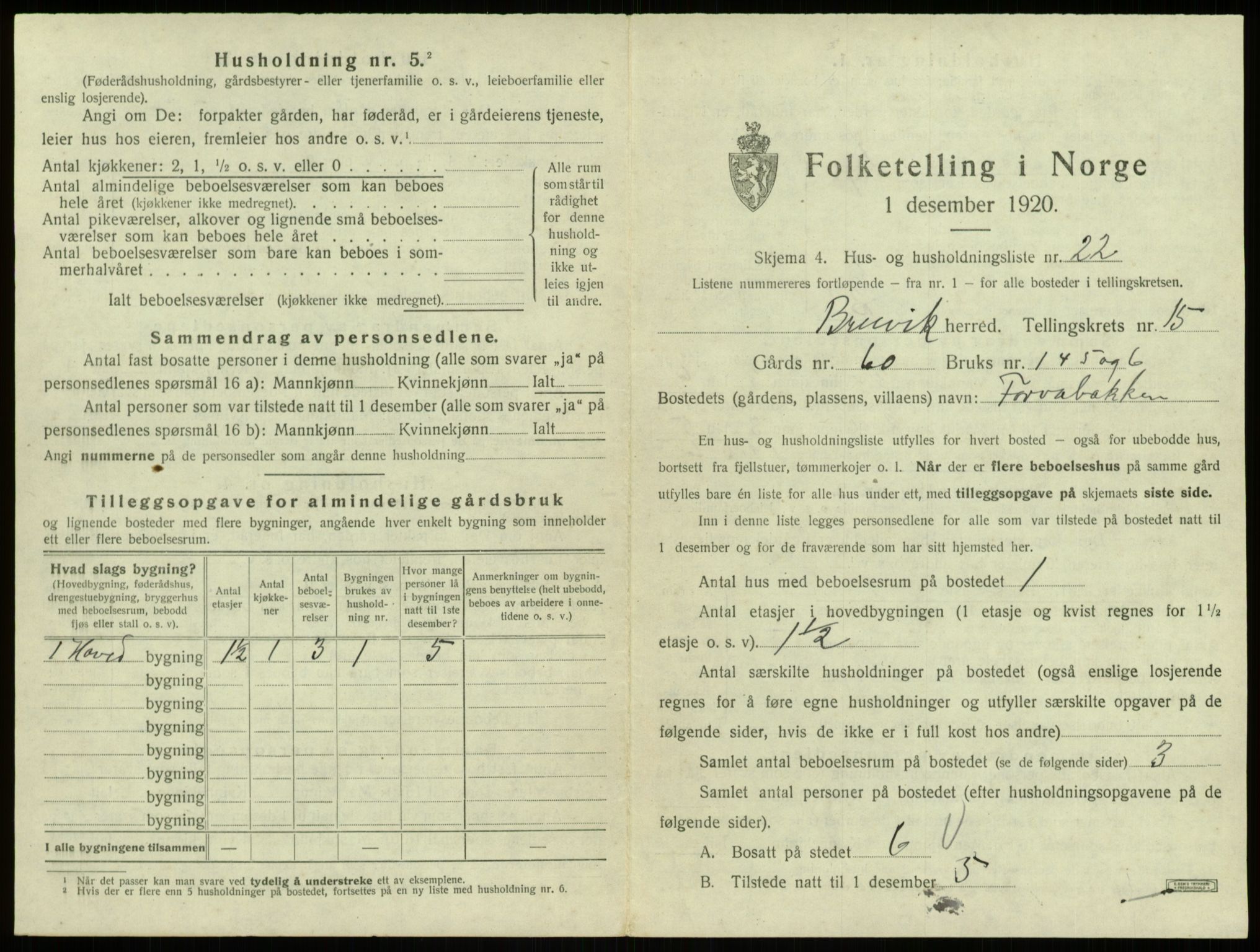 SAB, 1920 census for Bruvik, 1920, p. 1061