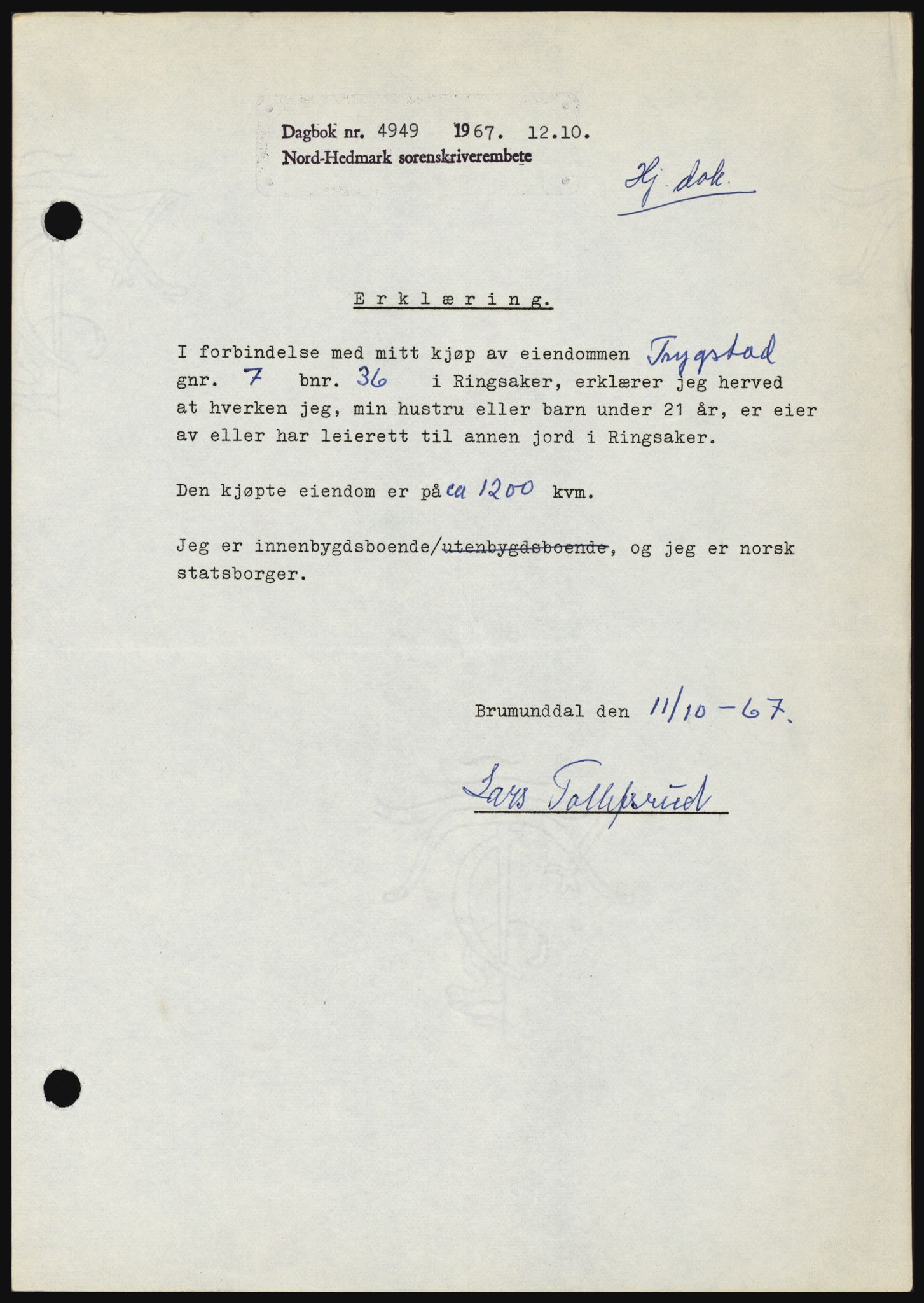 Nord-Hedmark sorenskriveri, SAH/TING-012/H/Hc/L0026: Mortgage book no. 26, 1967-1967, Diary no: : 4949/1967