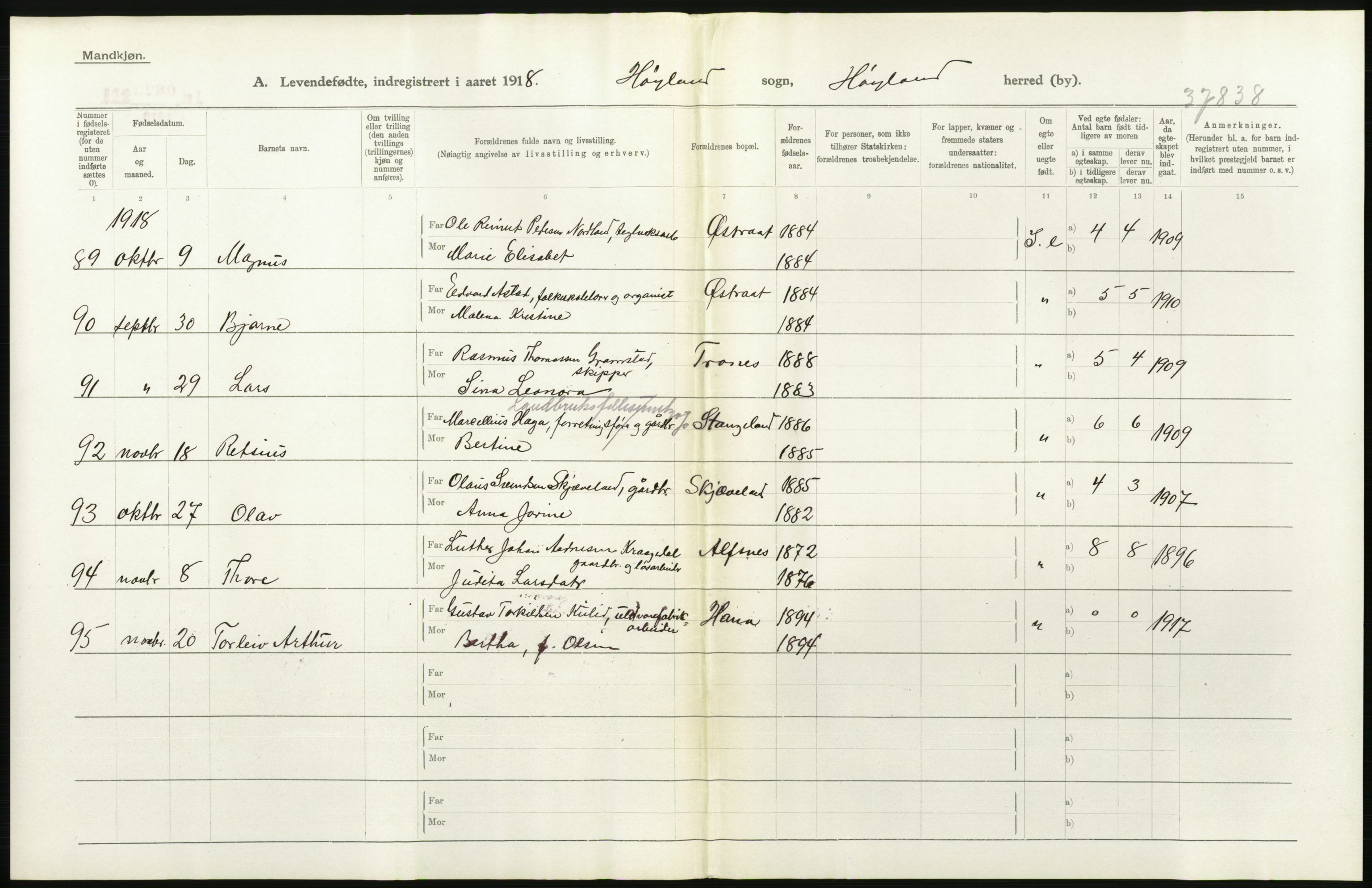 Statistisk sentralbyrå, Sosiodemografiske emner, Befolkning, RA/S-2228/D/Df/Dfb/Dfbh/L0031: Rogaland fylke: Levendefødte menn og kvinner. Bygder., 1918