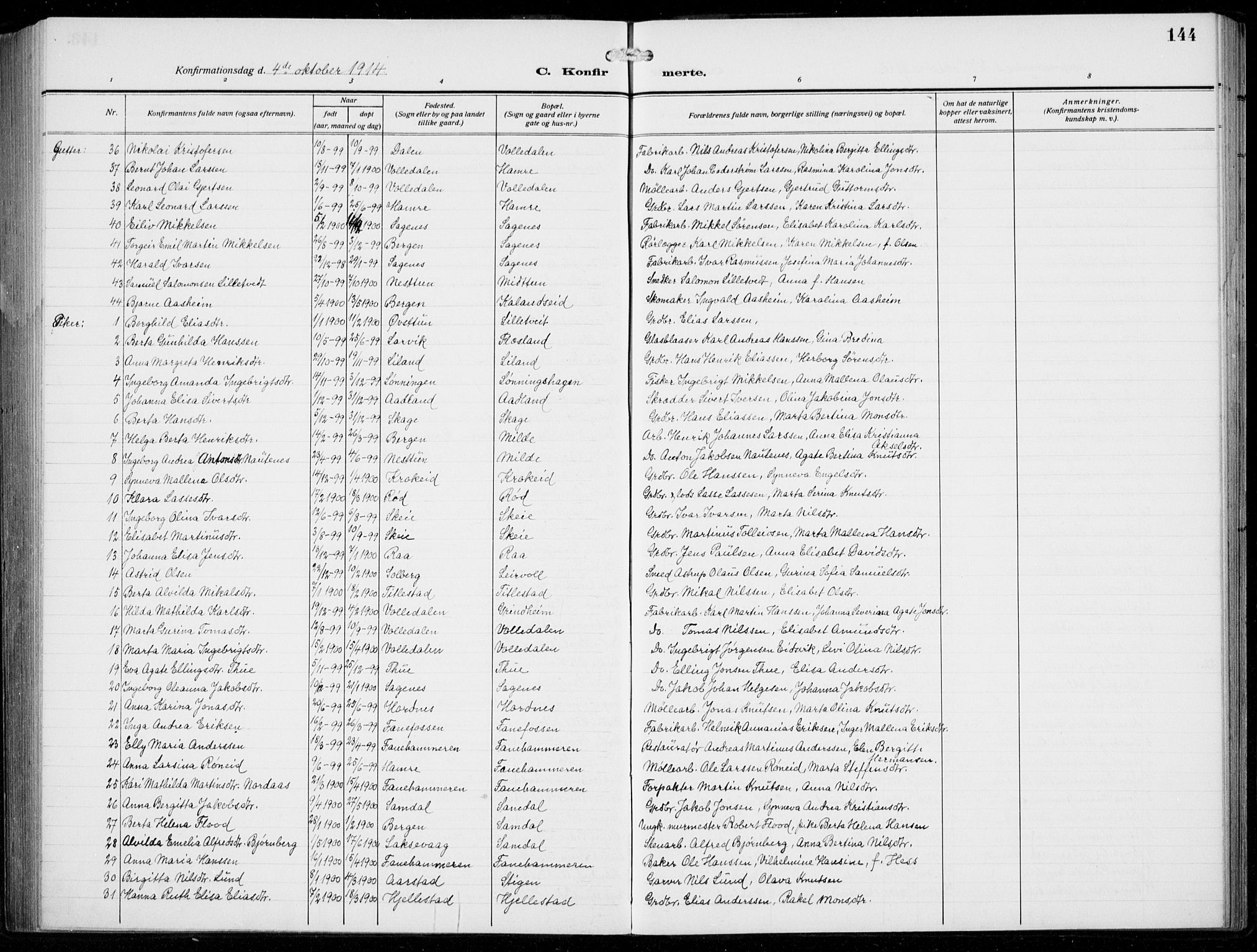 Fana Sokneprestembete, AV/SAB-A-75101/H/Hab/Haba/L0005: Parish register (copy) no. A 5, 1911-1932, p. 144