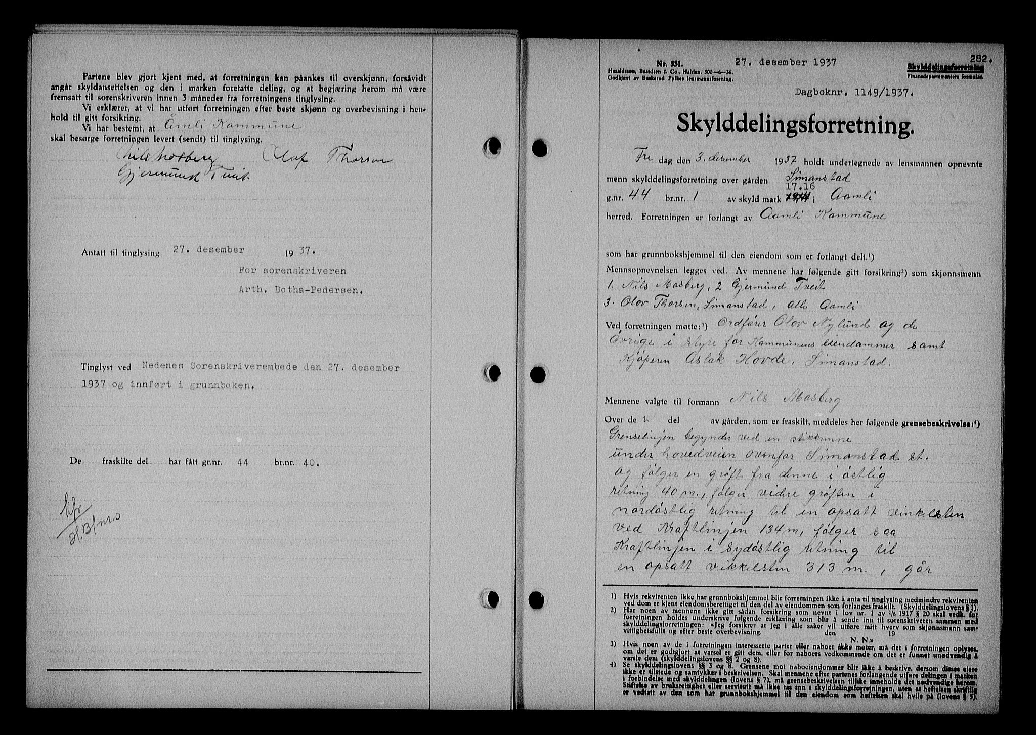 Nedenes sorenskriveri, SAK/1221-0006/G/Gb/Gba/L0044: Mortgage book no. 40, 1937-1938, Diary no: : 1149/1937