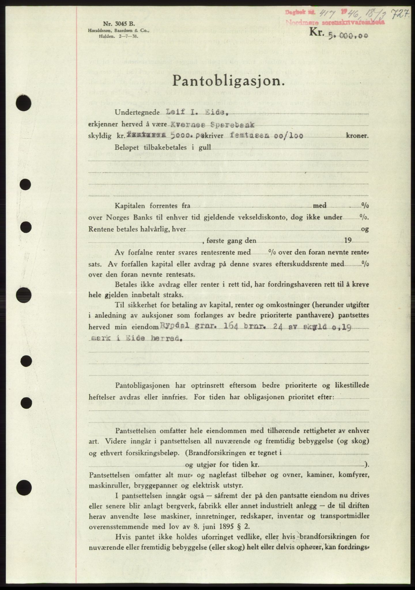 Nordmøre sorenskriveri, AV/SAT-A-4132/1/2/2Ca: Mortgage book no. B93b, 1946-1946, Diary no: : 417/1946