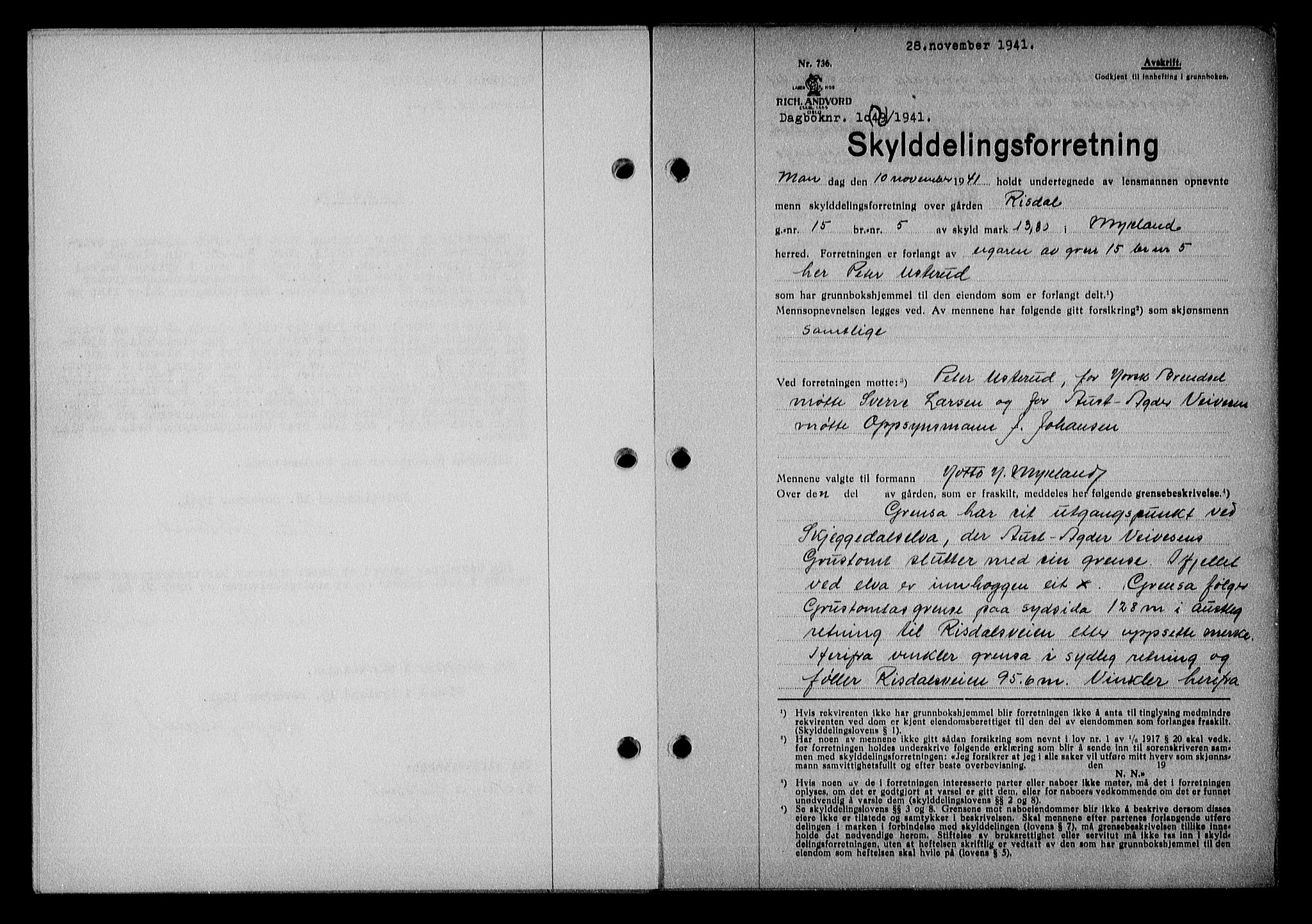 Nedenes sorenskriveri, AV/SAK-1221-0006/G/Gb/Gba/L0049: Mortgage book no. A-III, 1941-1942, Diary no: : 1094/1941