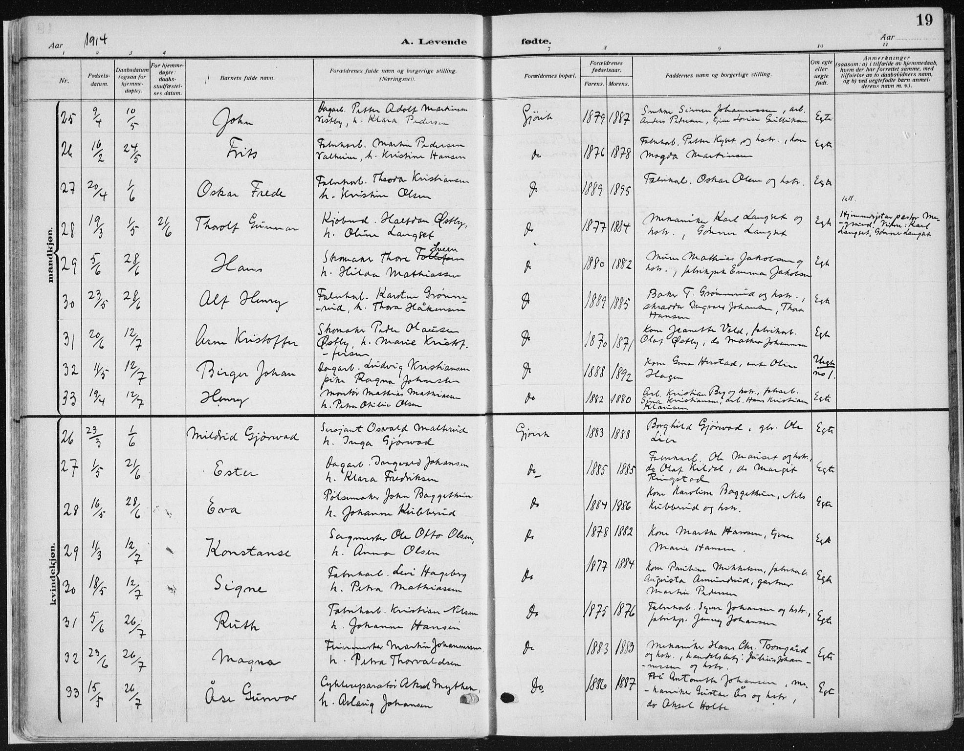Vardal prestekontor, AV/SAH-PREST-100/H/Ha/Haa/L0014: Parish register (official) no. 14, 1912-1922, p. 19