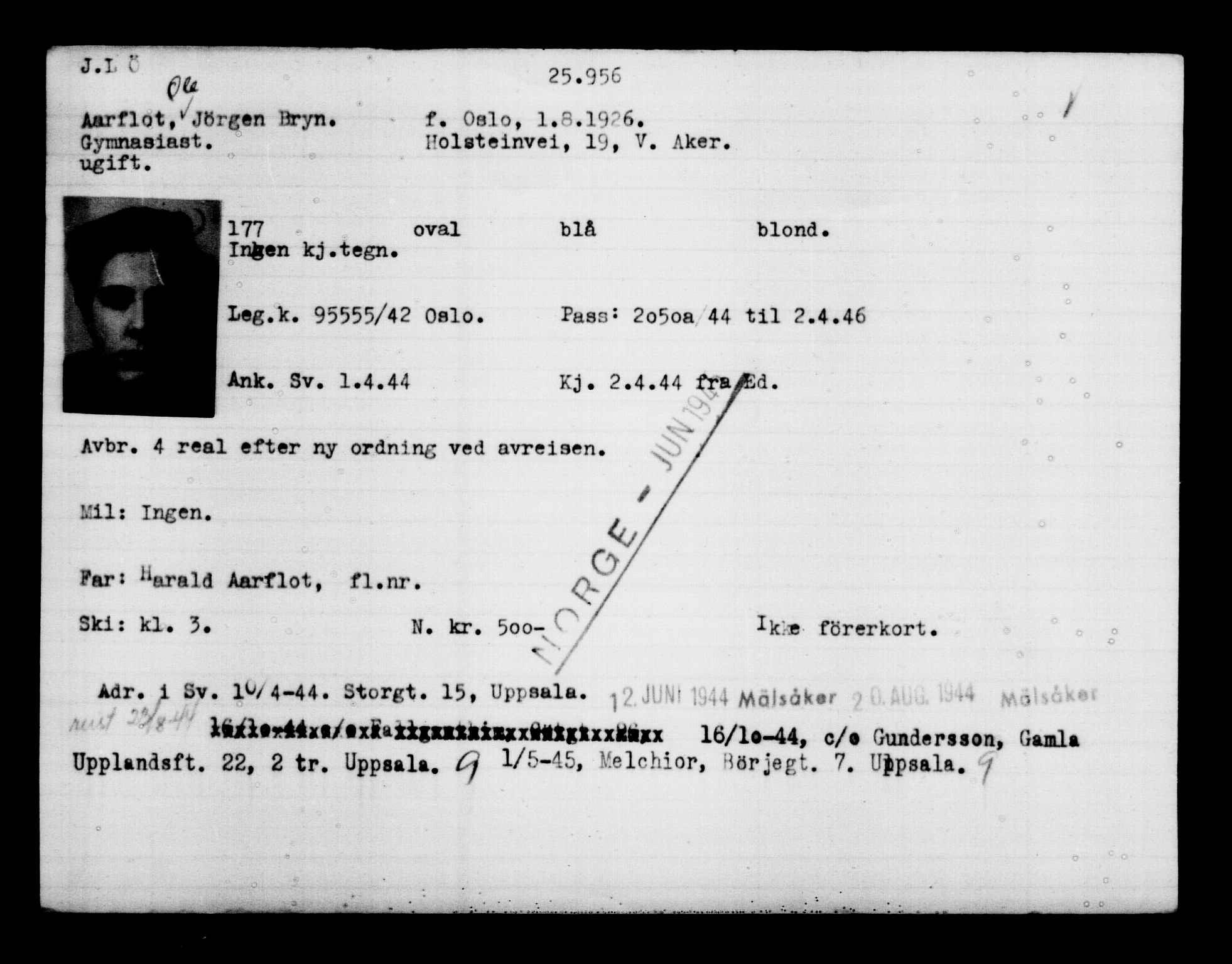 Utenriksstasjonene, Legasjonen i Stockholm, Flyktningkontoret, AV/RA-S-6753/V/Va/L0011: Kjesäterkartoteket, flyktninger med registreringsnr. 25300-28349, 1940-1945, p. 684
