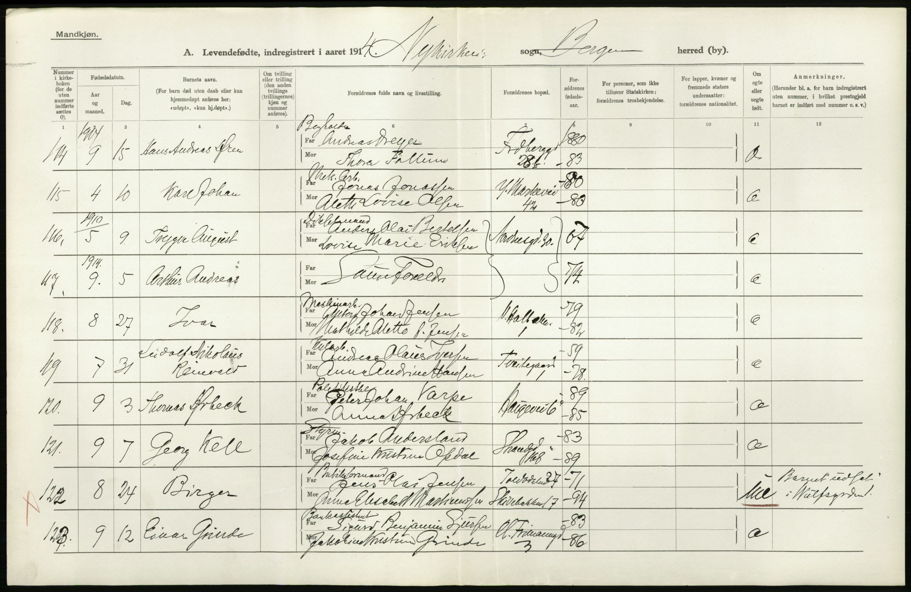 Statistisk sentralbyrå, Sosiodemografiske emner, Befolkning, AV/RA-S-2228/D/Df/Dfb/Dfbd/L0030: Bergen: Levendefødte menn og kvinner., 1914, p. 28