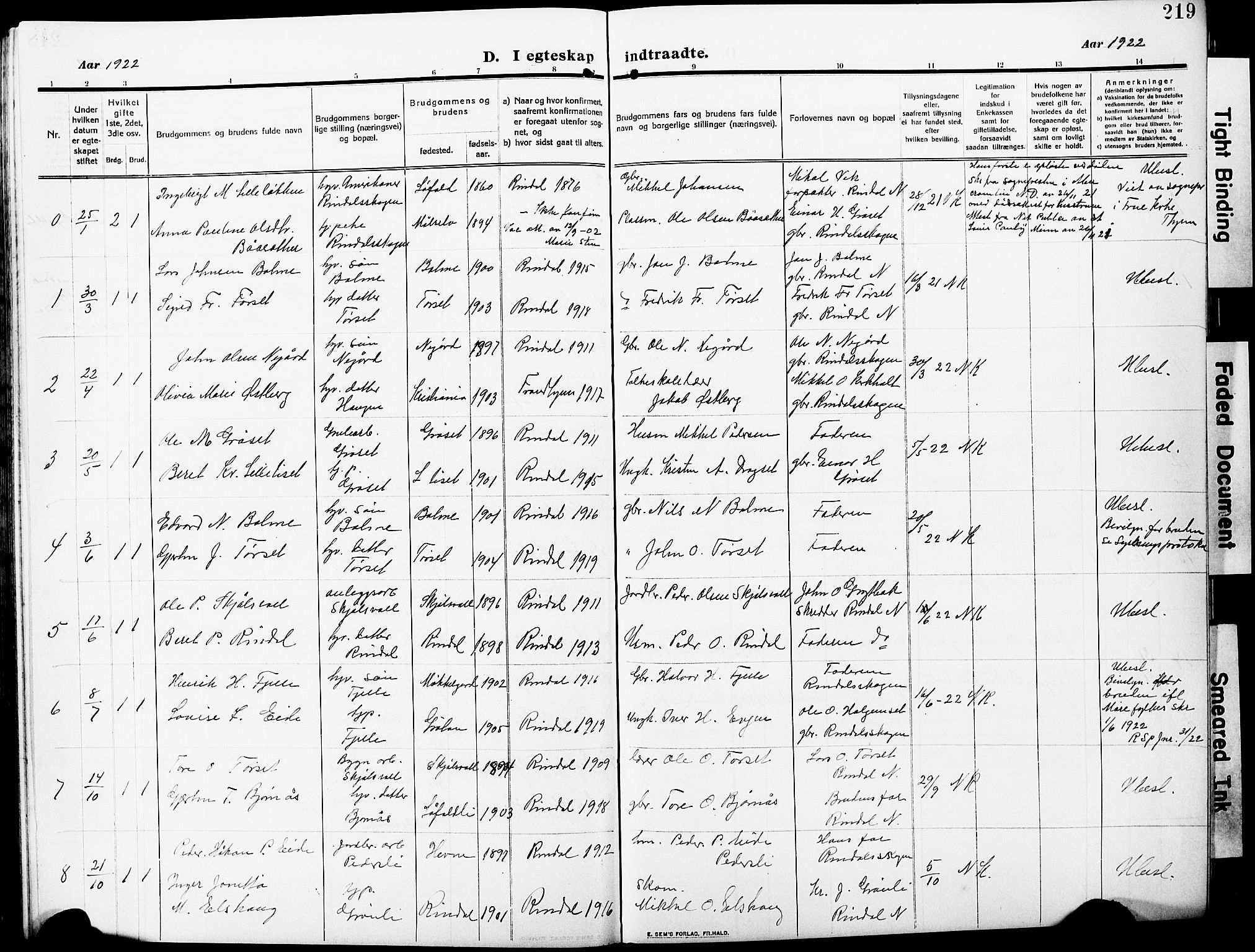 Ministerialprotokoller, klokkerbøker og fødselsregistre - Møre og Romsdal, AV/SAT-A-1454/598/L1079: Parish register (copy) no. 598C04, 1909-1927, p. 219