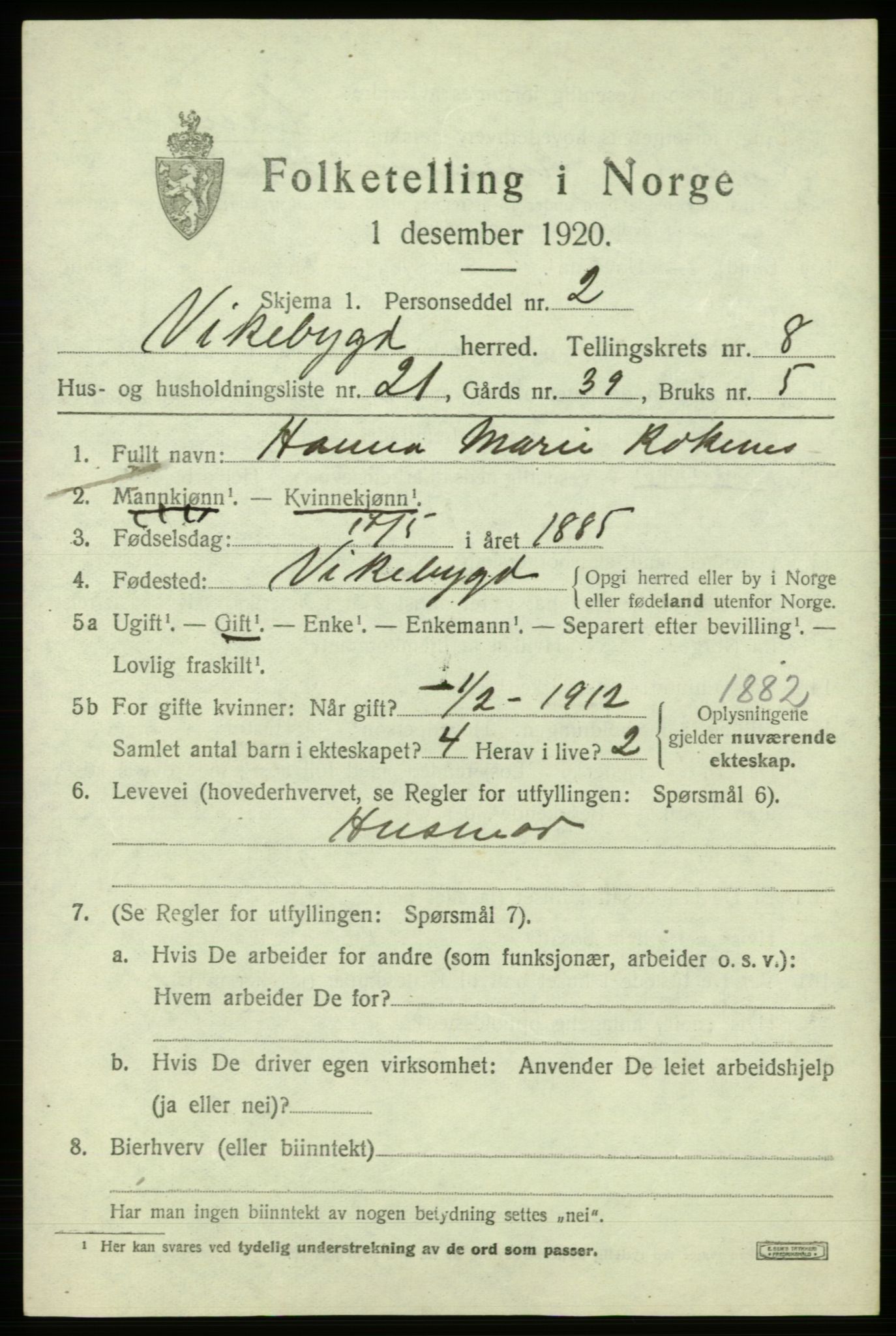 SAB, 1920 census for Vikebygd, 1920, p. 2947