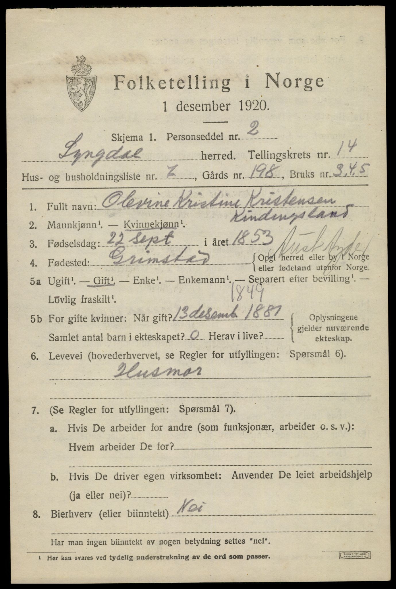 SAK, 1920 census for Lyngdal, 1920, p. 6045