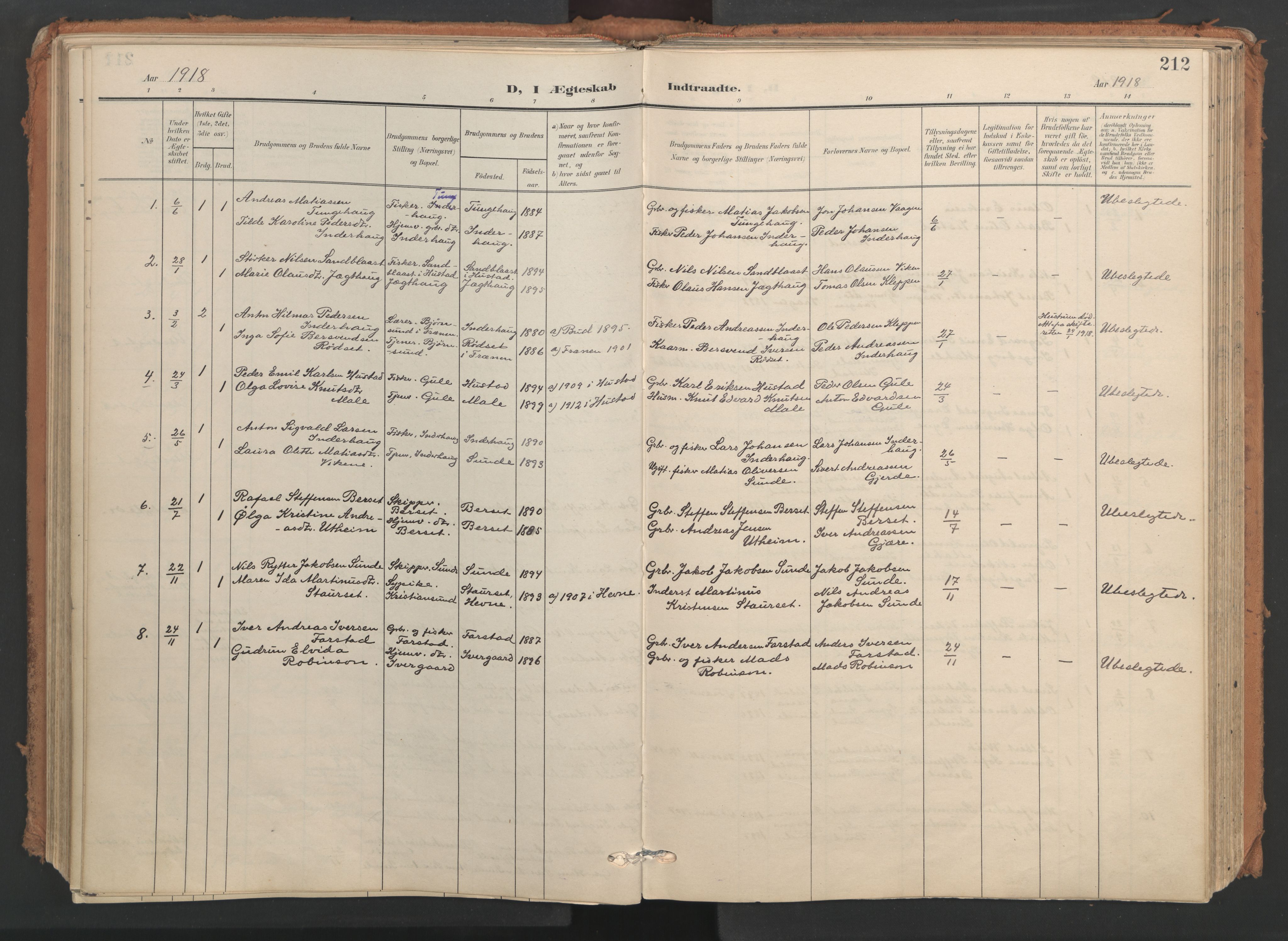 Ministerialprotokoller, klokkerbøker og fødselsregistre - Møre og Romsdal, SAT/A-1454/566/L0771: Parish register (official) no. 566A10, 1904-1929, p. 212