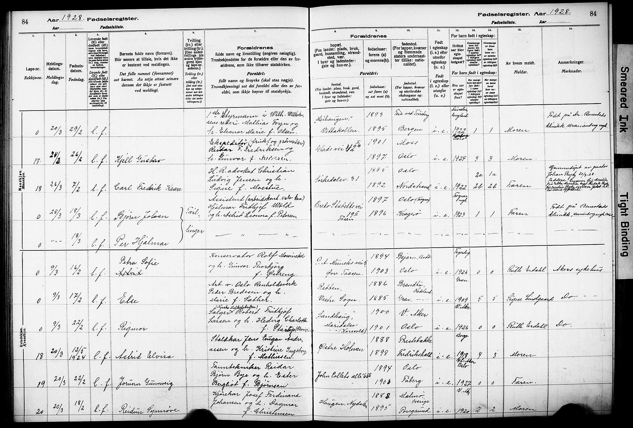 Vestre Aker prestekontor Kirkebøker, AV/SAO-A-10025/J/Ja/L0003: Birth register no. 3, 1926-1930, p. 84