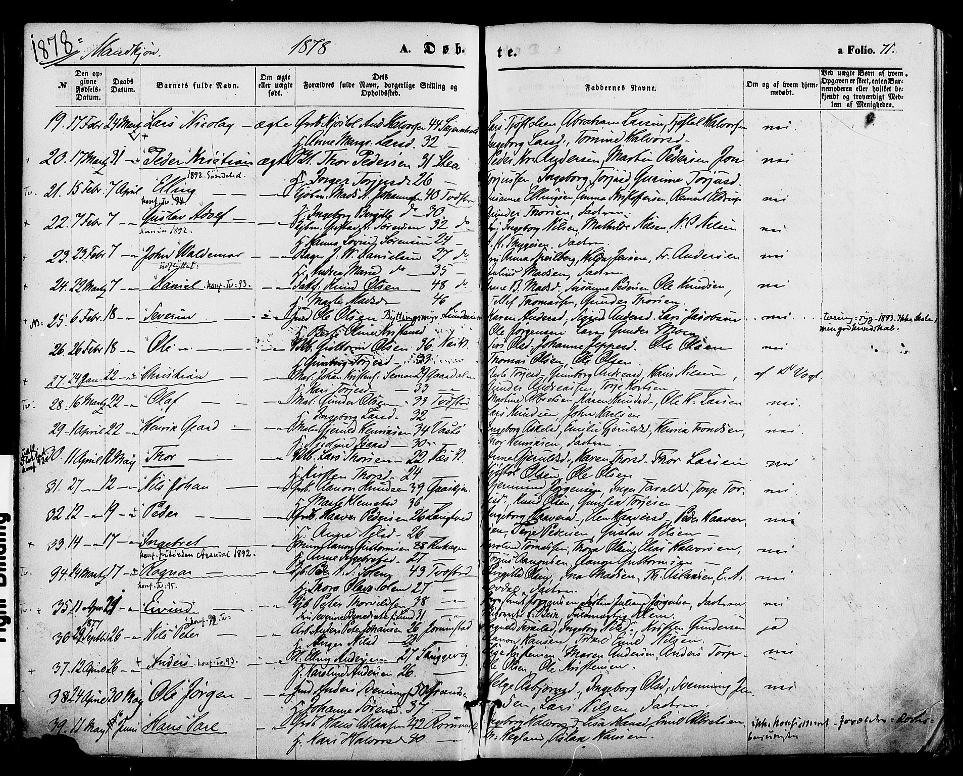 Holt sokneprestkontor, AV/SAK-1111-0021/F/Fa/L0010: Parish register (official) no. A 10, 1872-1885, p. 71