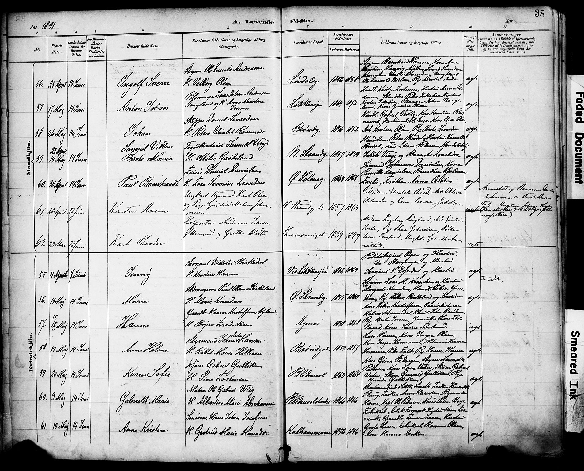 Domkirken sokneprestkontor, SAST/A-101812/001/30/30BA/L0030: Parish register (official) no. A 29, 1889-1902, p. 38