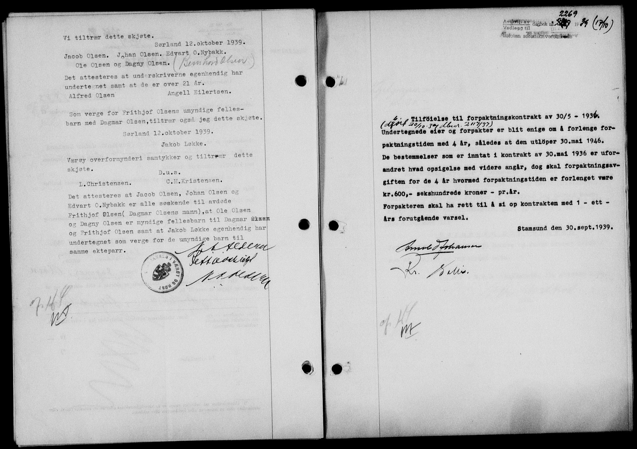 Lofoten sorenskriveri, SAT/A-0017/1/2/2C/L0006a: Mortgage book no. 6a, 1939-1939, Diary no: : 2269/1939