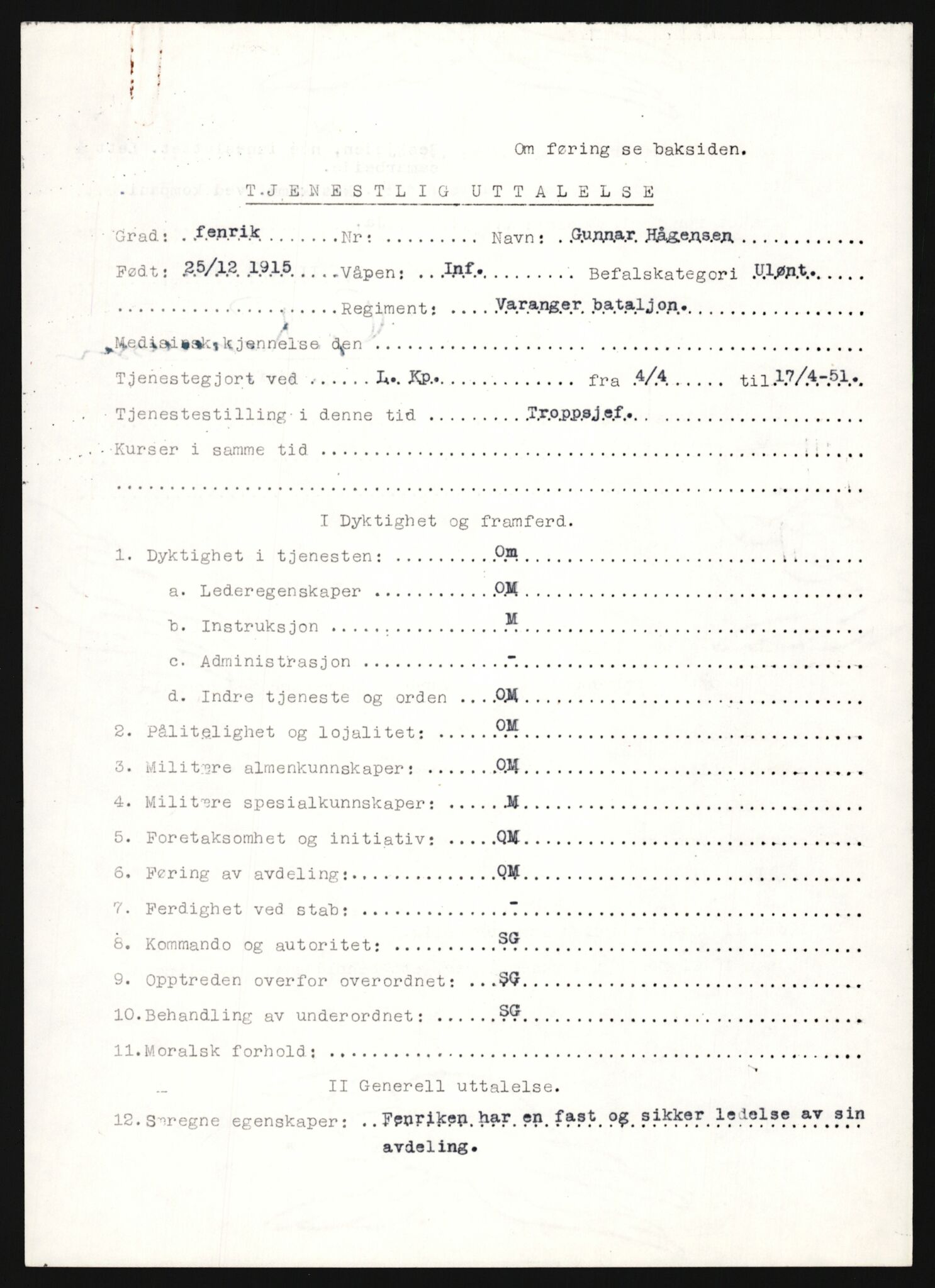 Forsvaret, Varanger bataljon, AV/RA-RAFA-2258/1/D/L0455: Rulleblad og tjenesteuttalelser for befal født 1894-1896, 1901-1909 og 1911-1915, 1894-1915, p. 506